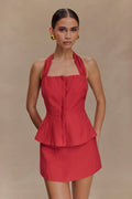 Kallie Linen Peplum Halter Top - Burnt Rose
