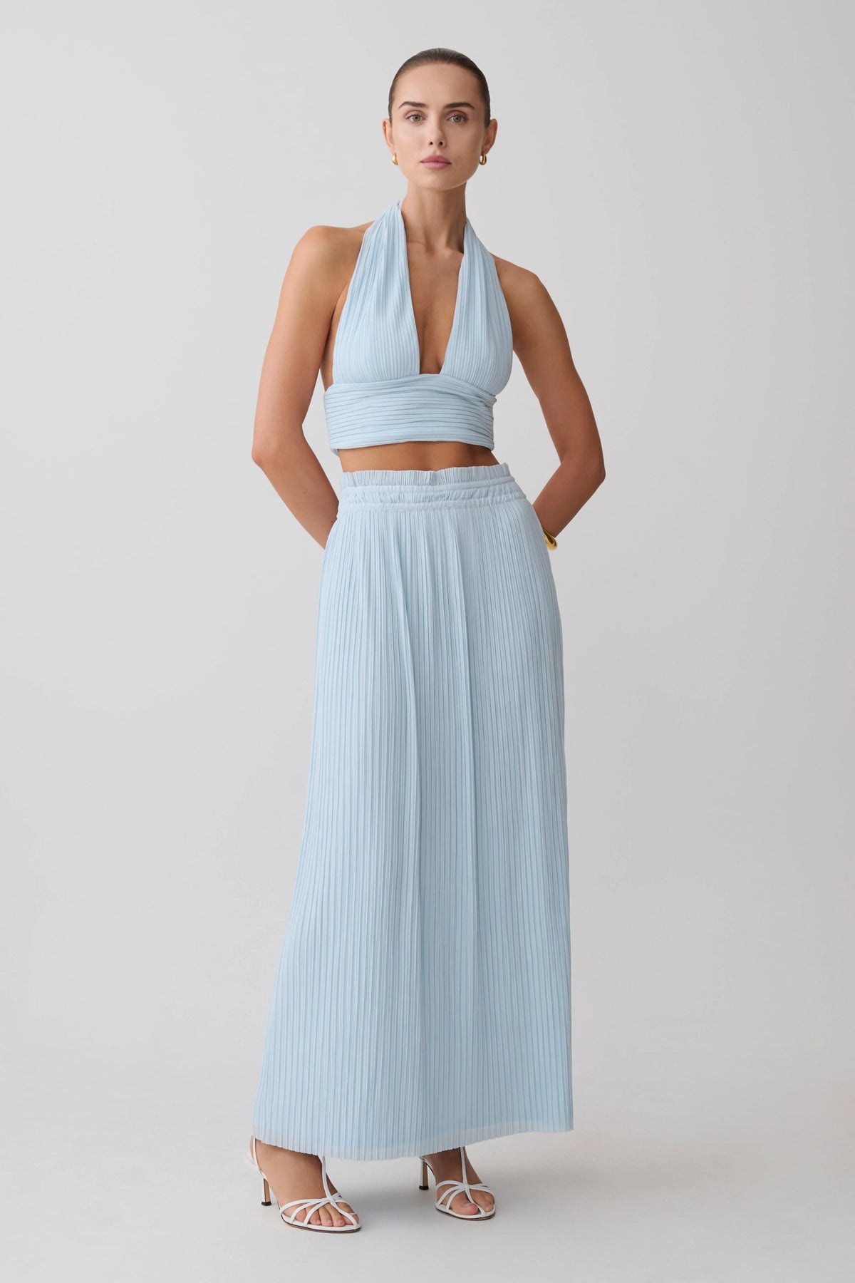 Amaris Sleeveless Plisse Halter Top - Pale Blue