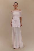 Caspian Slinky And Mesh Off Shoulder Maxi Dress - Pale Pink