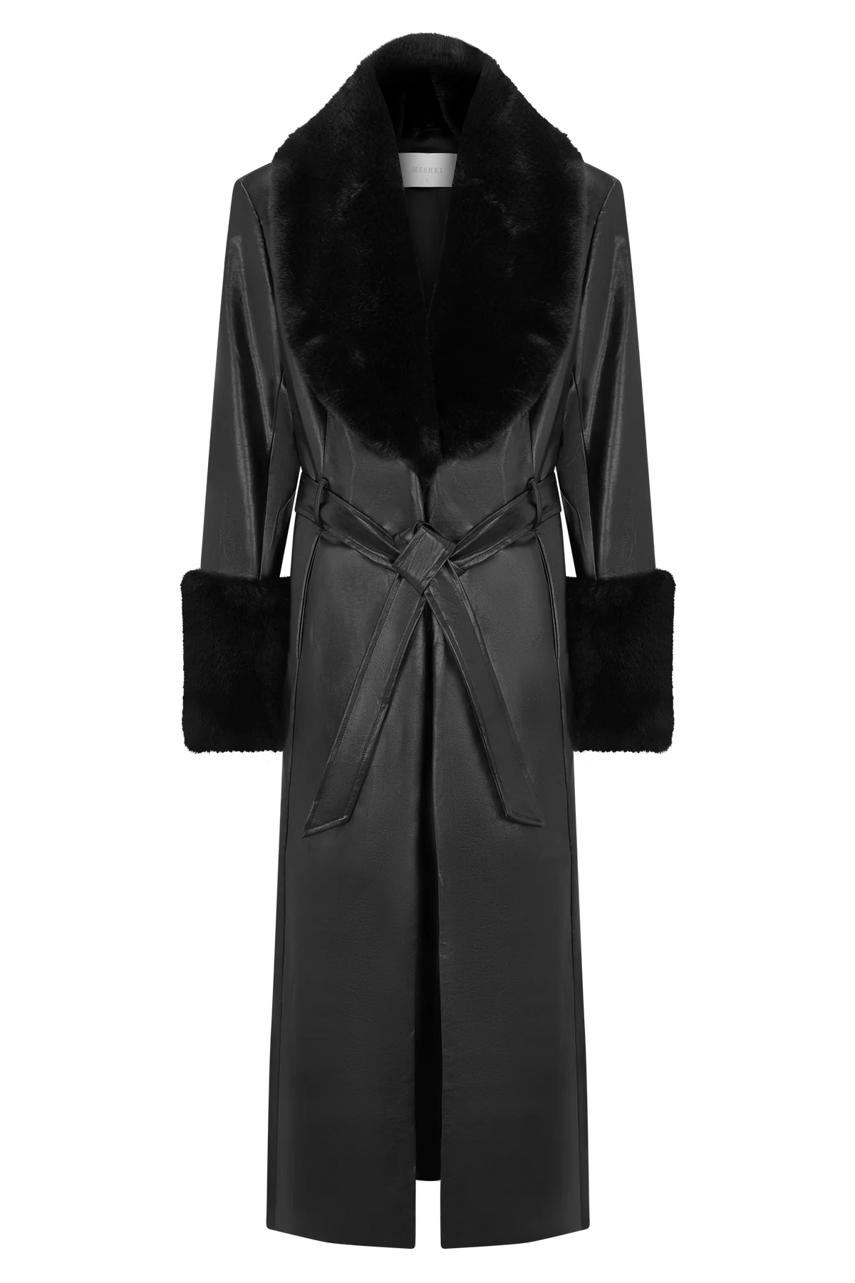 Bec Faux Leather Trench Coat With Faux Fur - Black