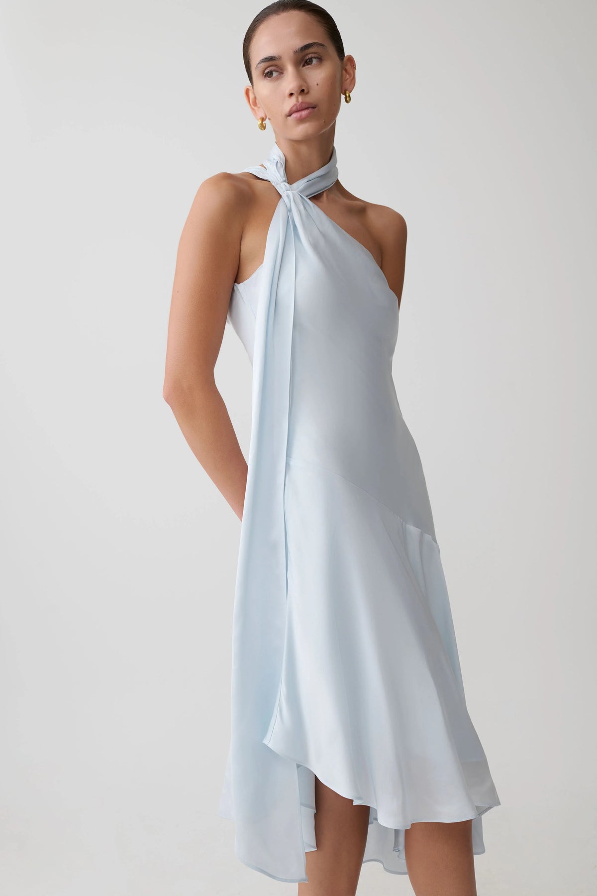 Evelina Halter Asymmetric Hem Midi Dress - Ice Blue