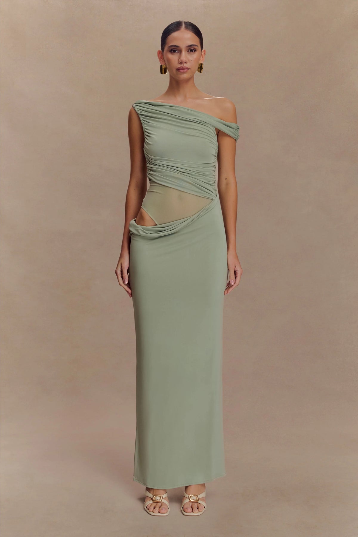 Callen One Shoulder Slinky Maxi Dress - Sage