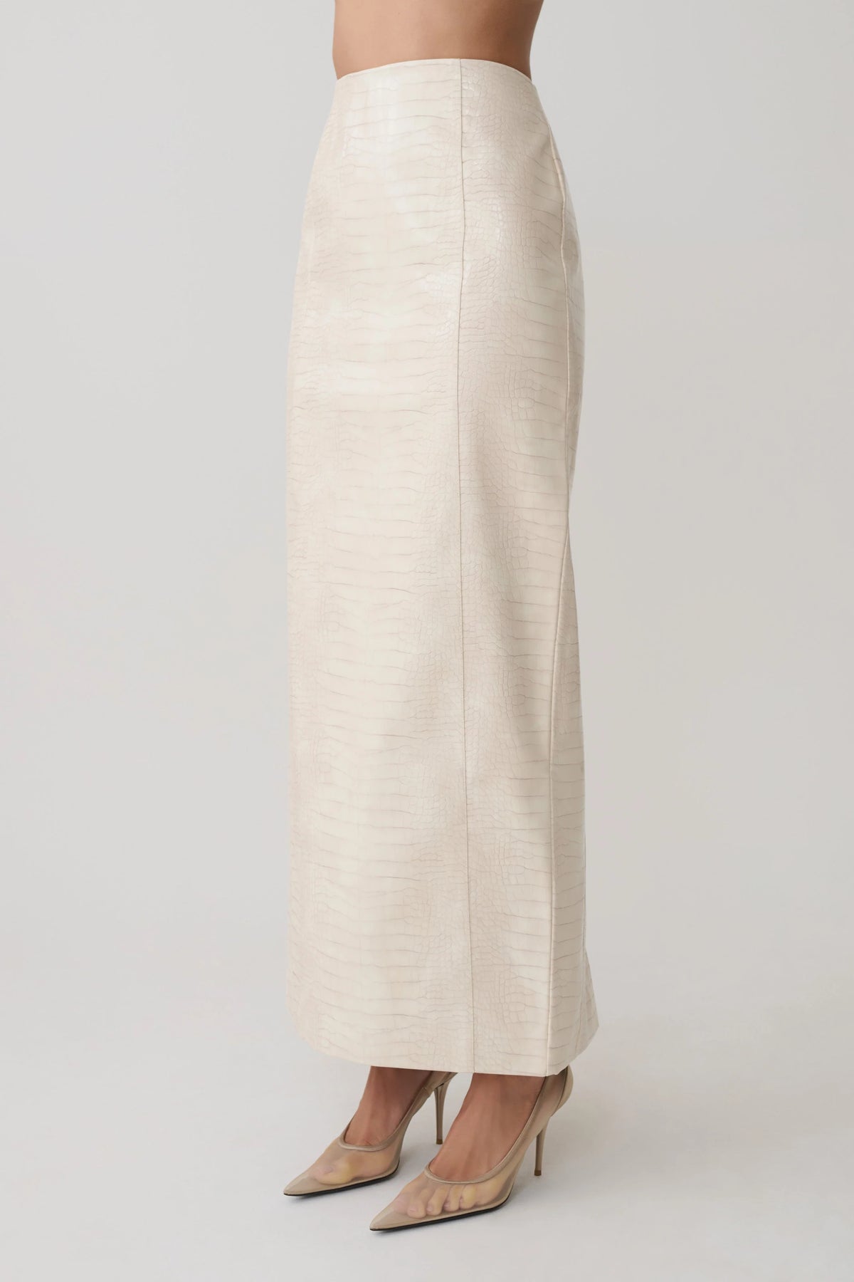 Thalia Croc Faux Leather Midi Skirt - Ivory