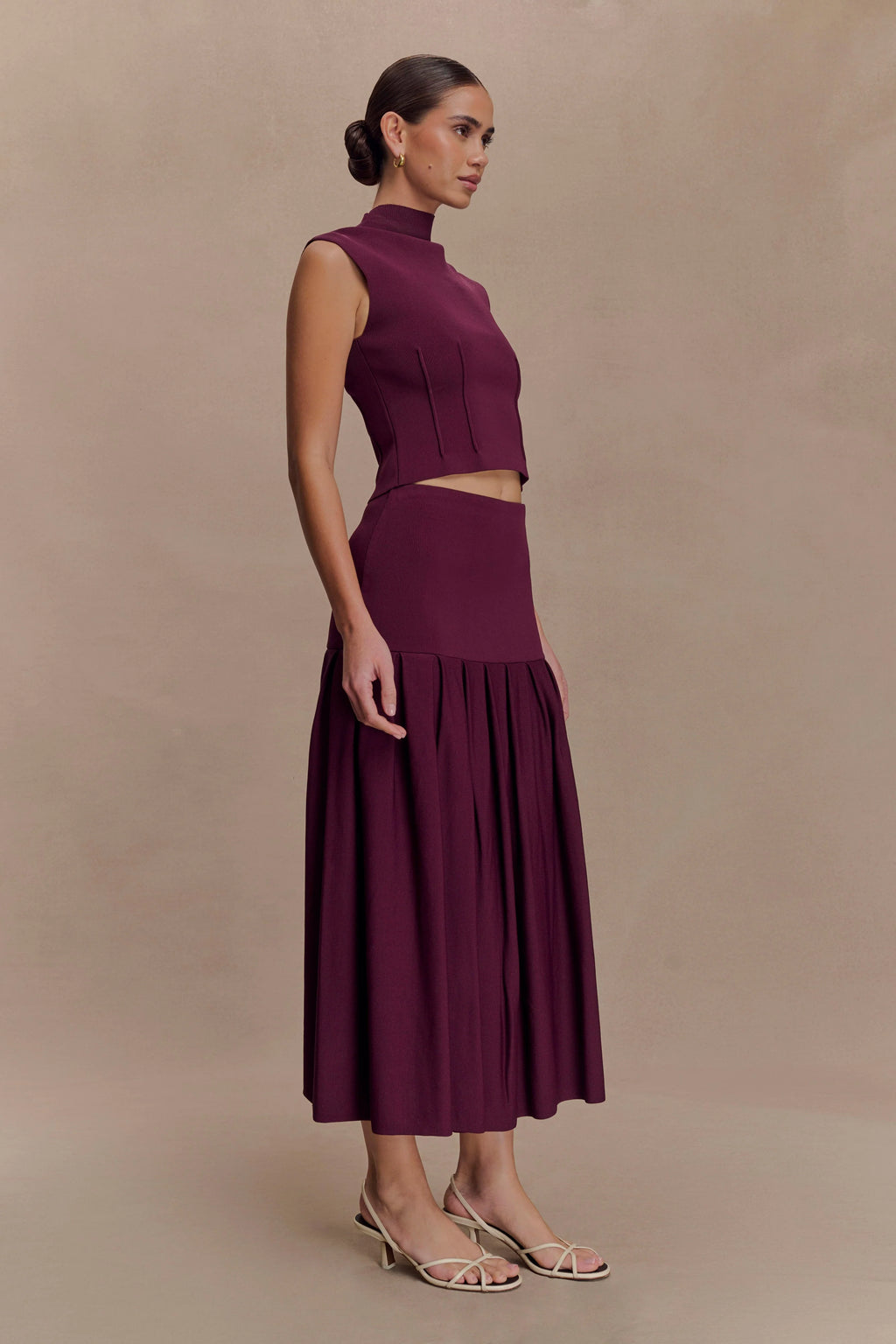Romaine High Neck Bandage Knit Top - Wine