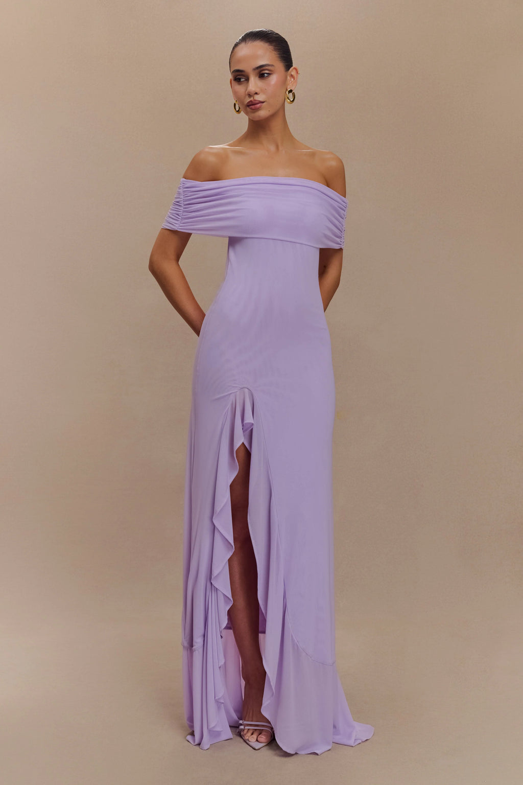 Audrey Off Shoulder Mesh Maxi Dress - Lilac