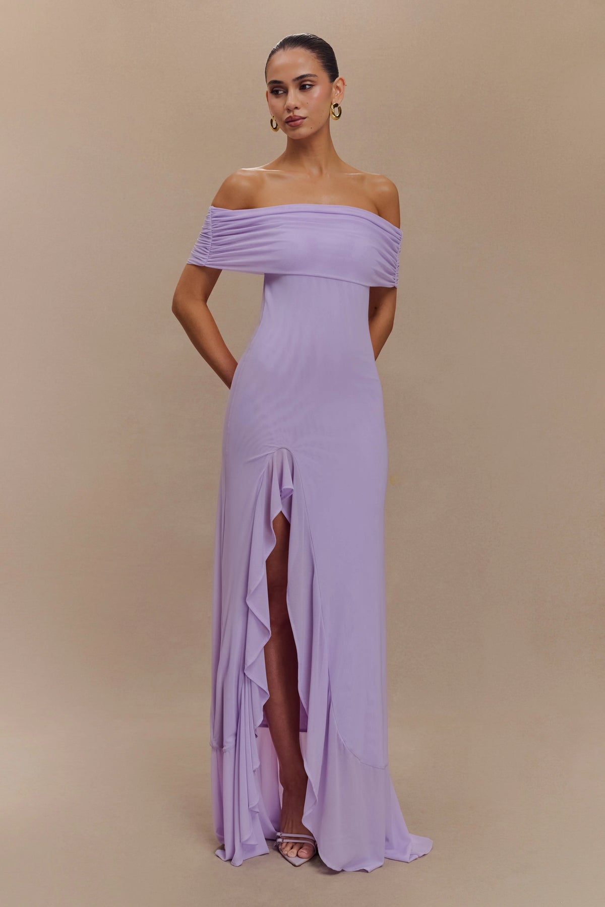 Audrey Off Shoulder Mesh Maxi Dress - Lilac