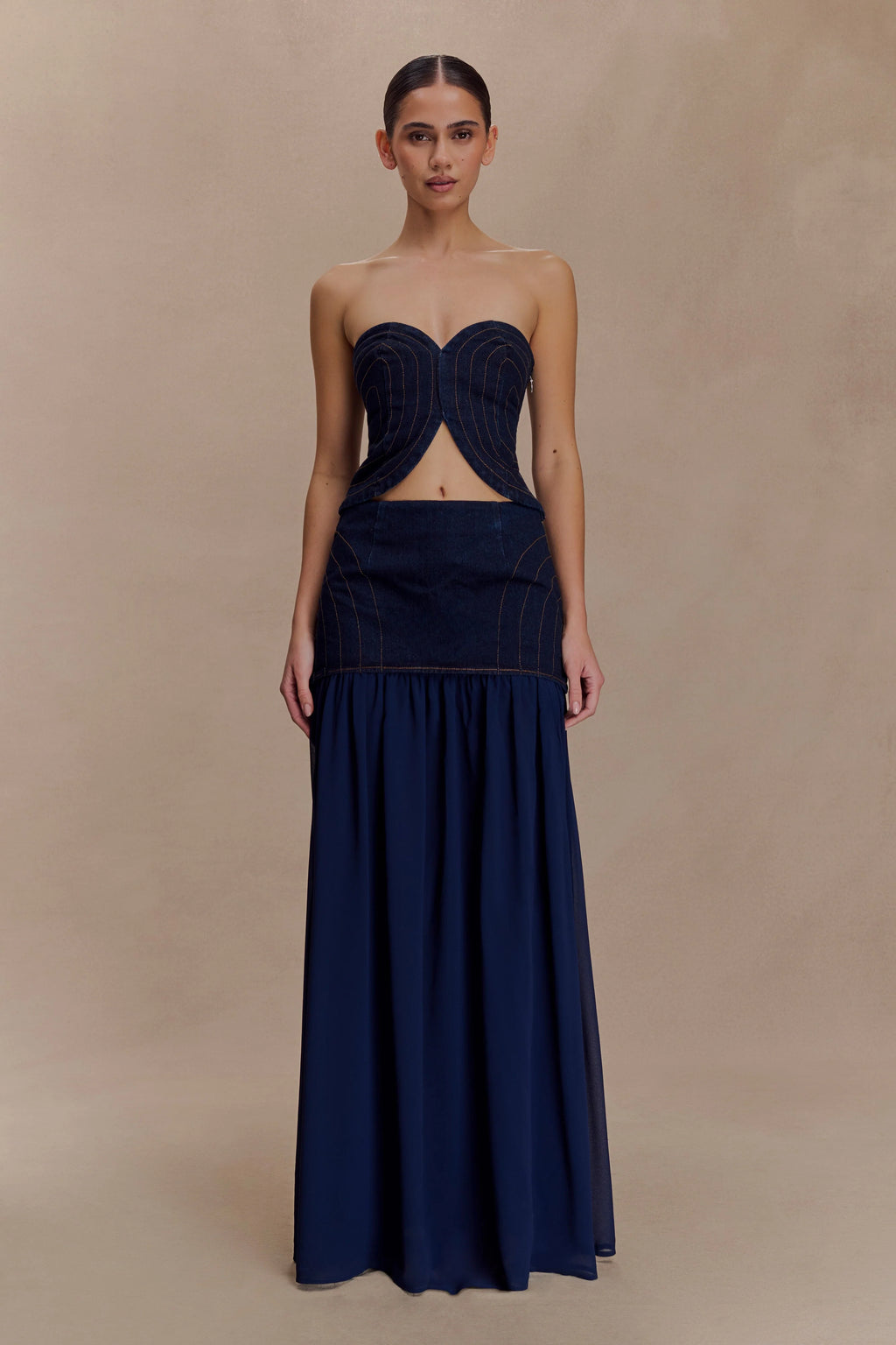 Tully Strapless Topstitch Denim Top - Indigo Blue
