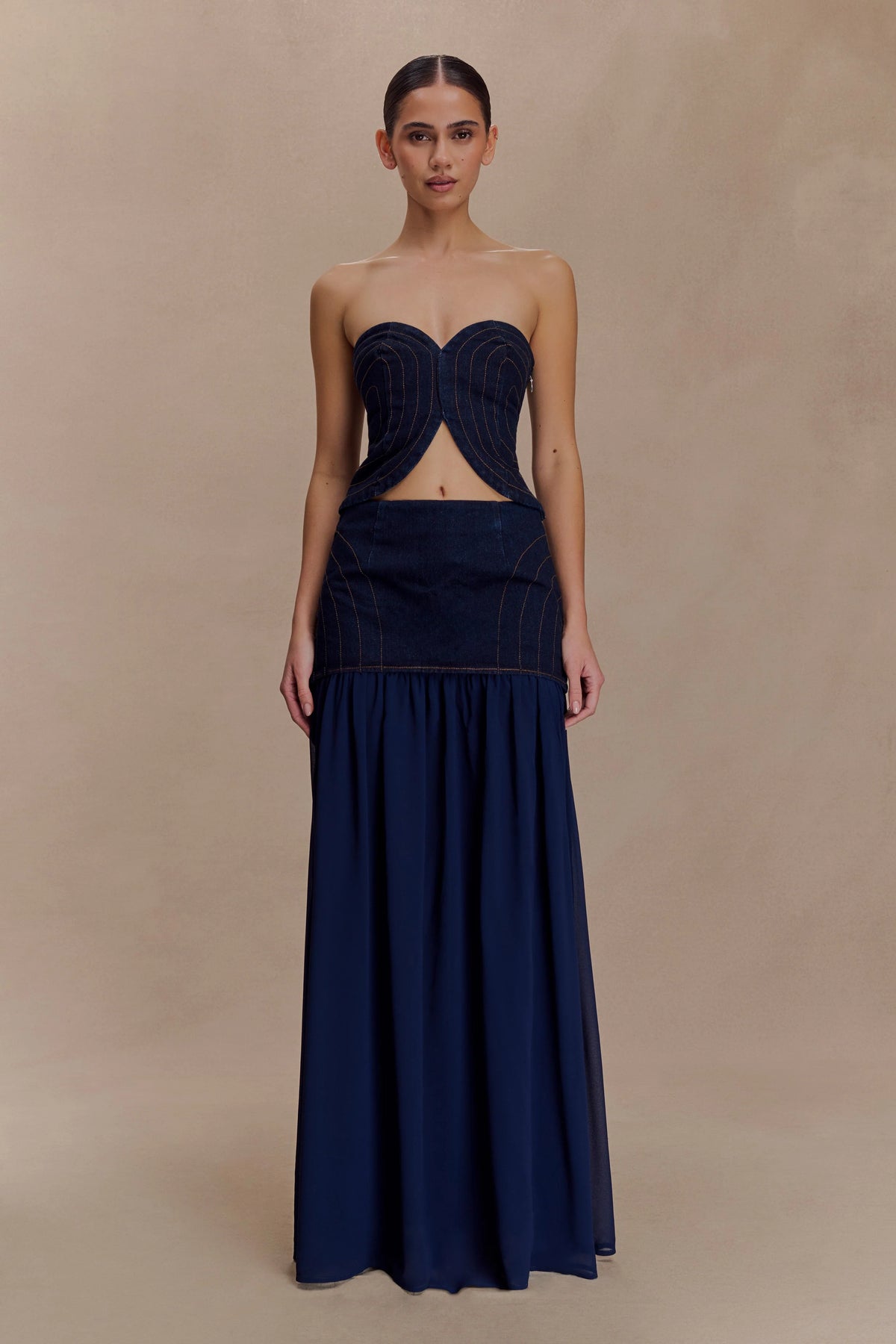 Tully Strapless Topstitch Denim Top - Indigo Blue