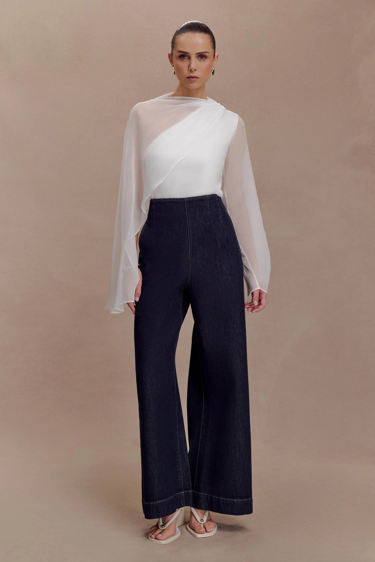 Ida Sheer Asymmetrical Long Sleeve Cape - White