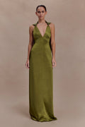 Myla Draped Shoulders Satin Maxi Dress - Khaki