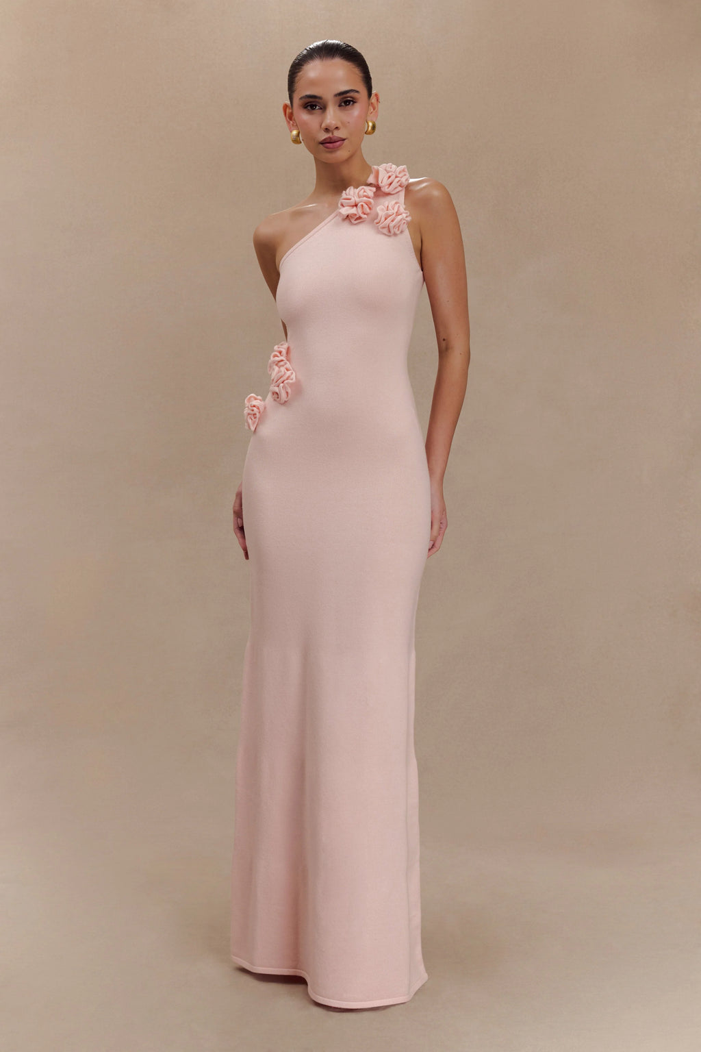 Paloma One Shoulder Knit Maxi Dress With Flowers - Baby Pink