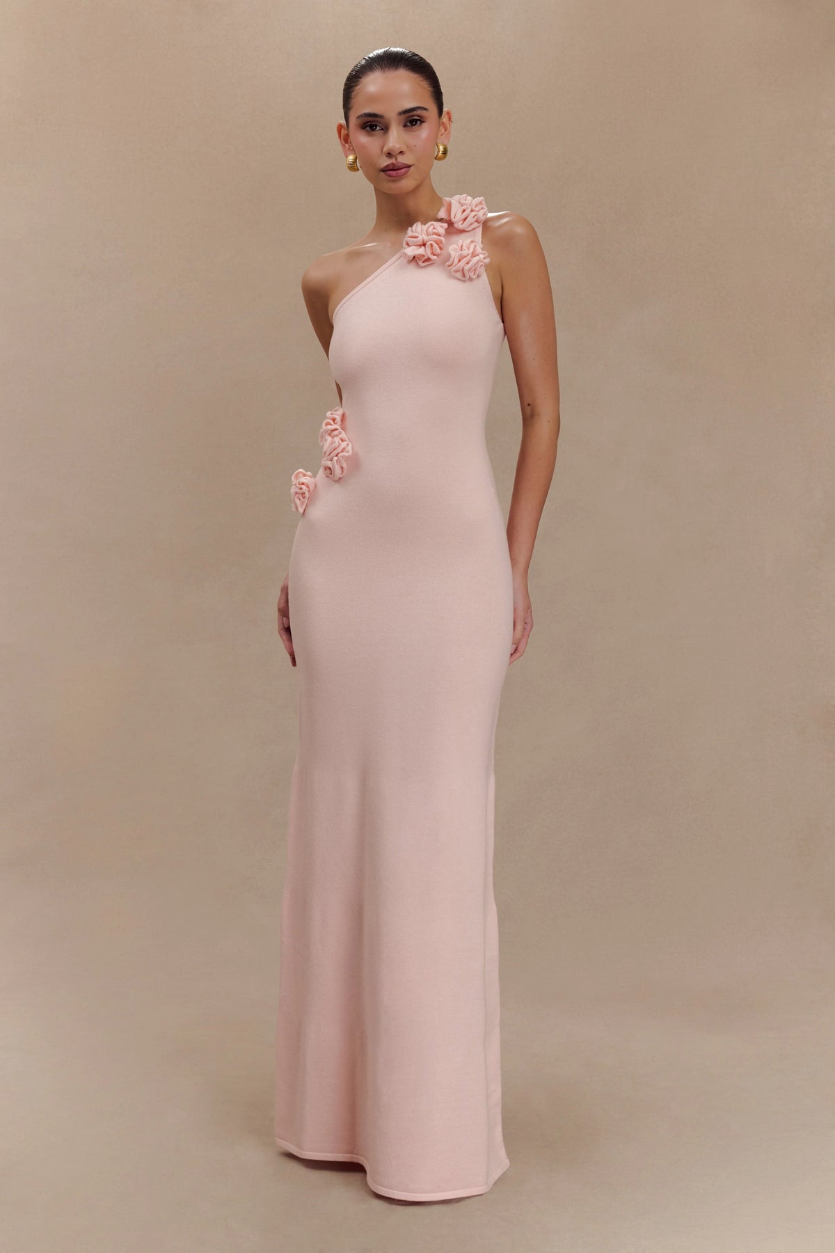 Paloma One Shoulder Knit Maxi Dress With Flowers - Baby Pink