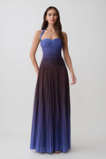 Azizi Pleated Halter Midi Dress - Chocolate & Blue Ombre Print