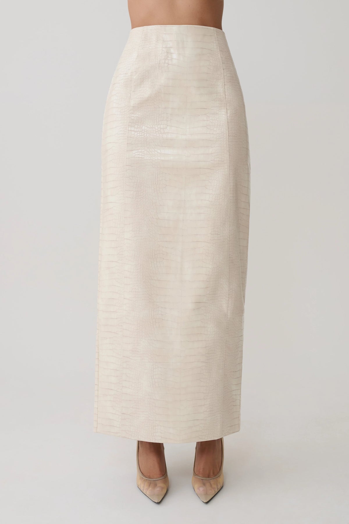 Thalia Croc Faux Leather Midi Skirt - Ivory