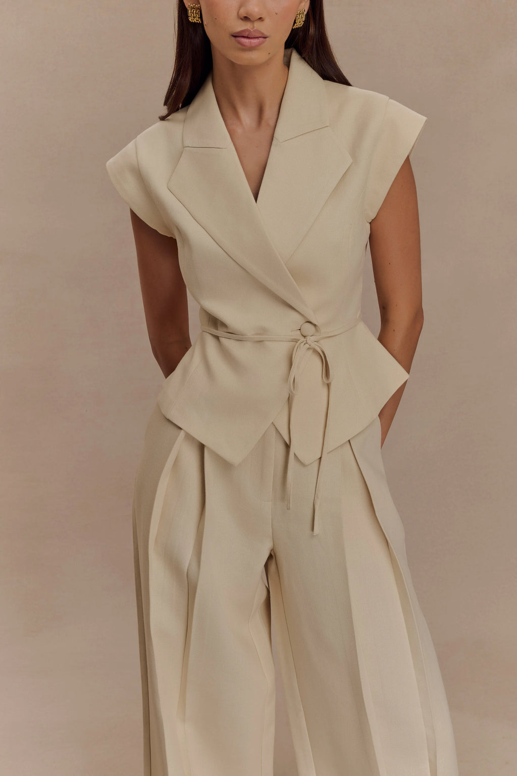 Raya Mid Rise Wide Leg Linen Pant - Natural Beige