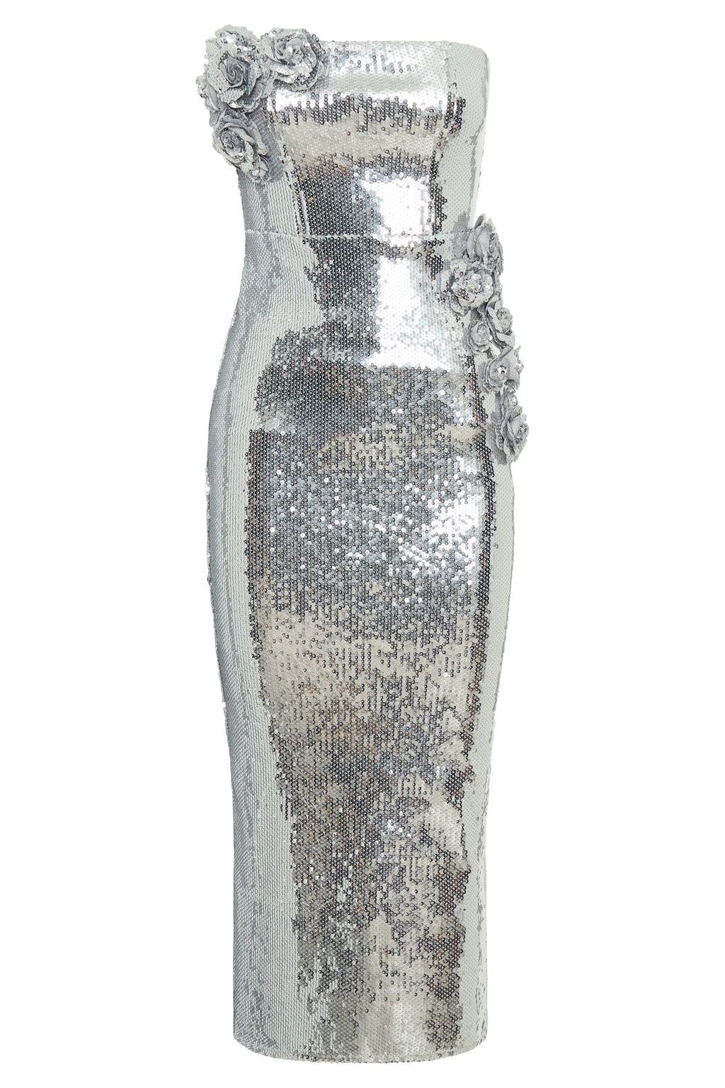 Cassia Strapless Sequin Rose Midi Dress - Silver