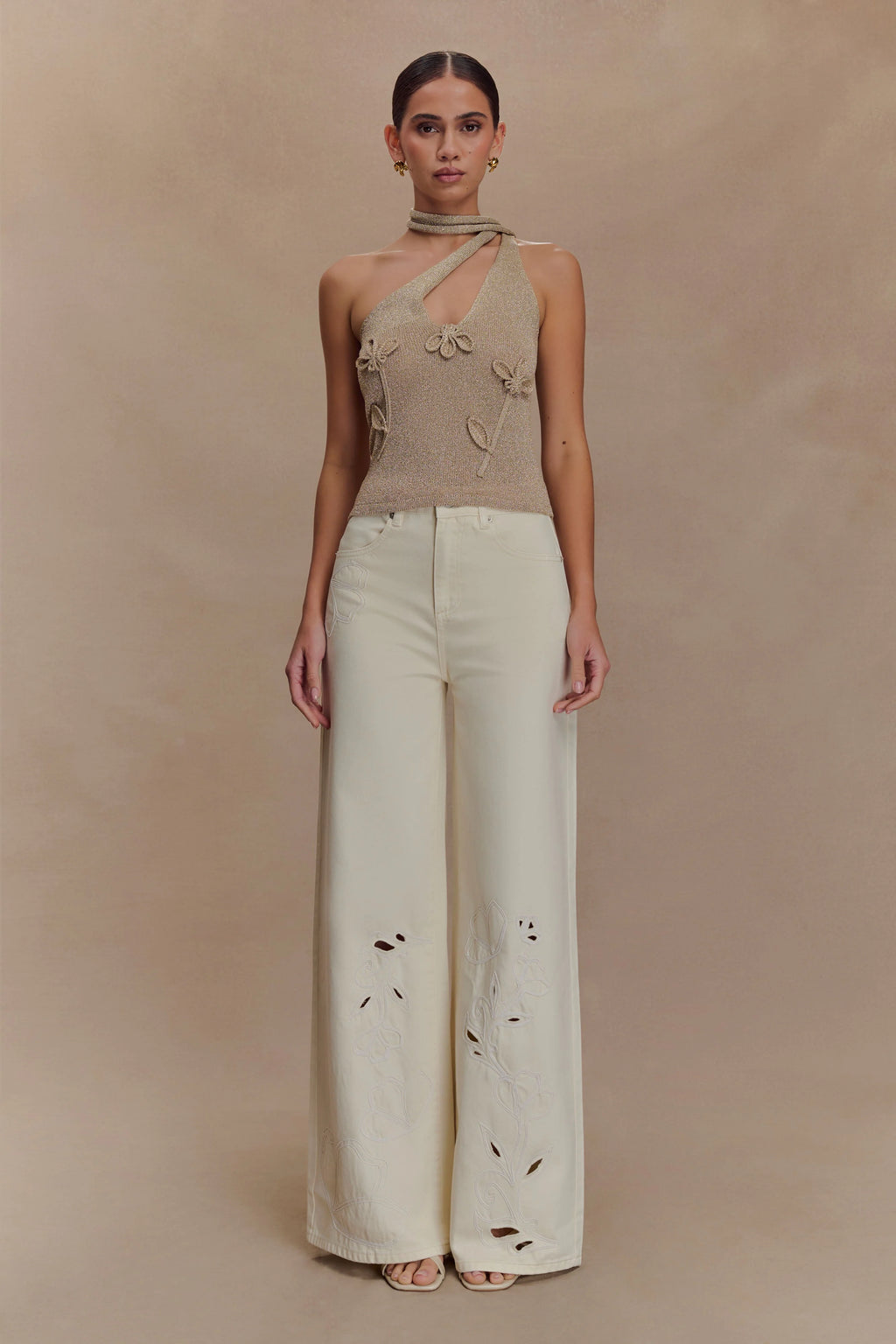 Leone One Shoulder Metallic Knit Top - Gold