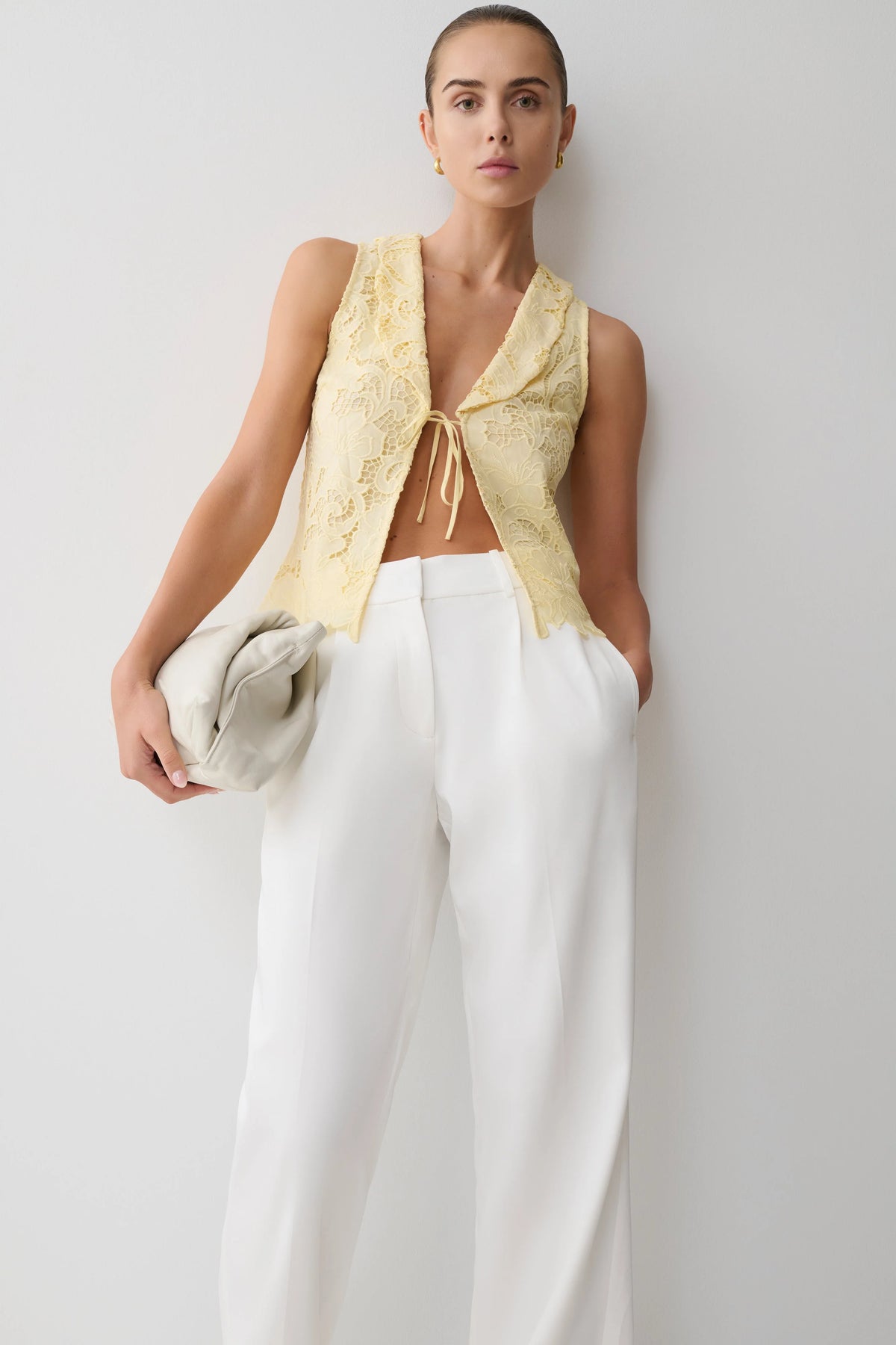 Tessa Broderie Tie Front Sleeveless Top - Lemon