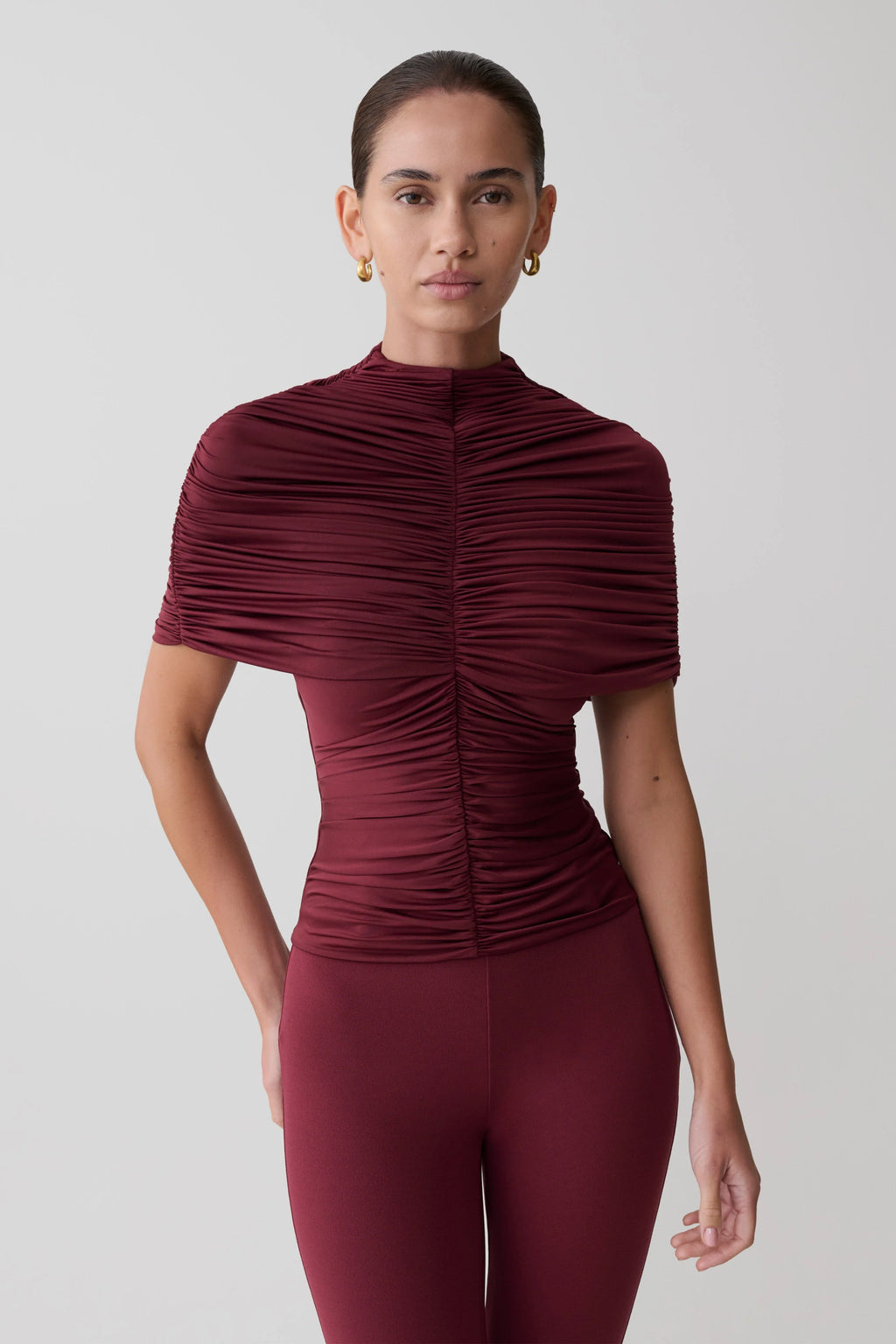Linh Slinky High Neck Gathered Top - Mahogany