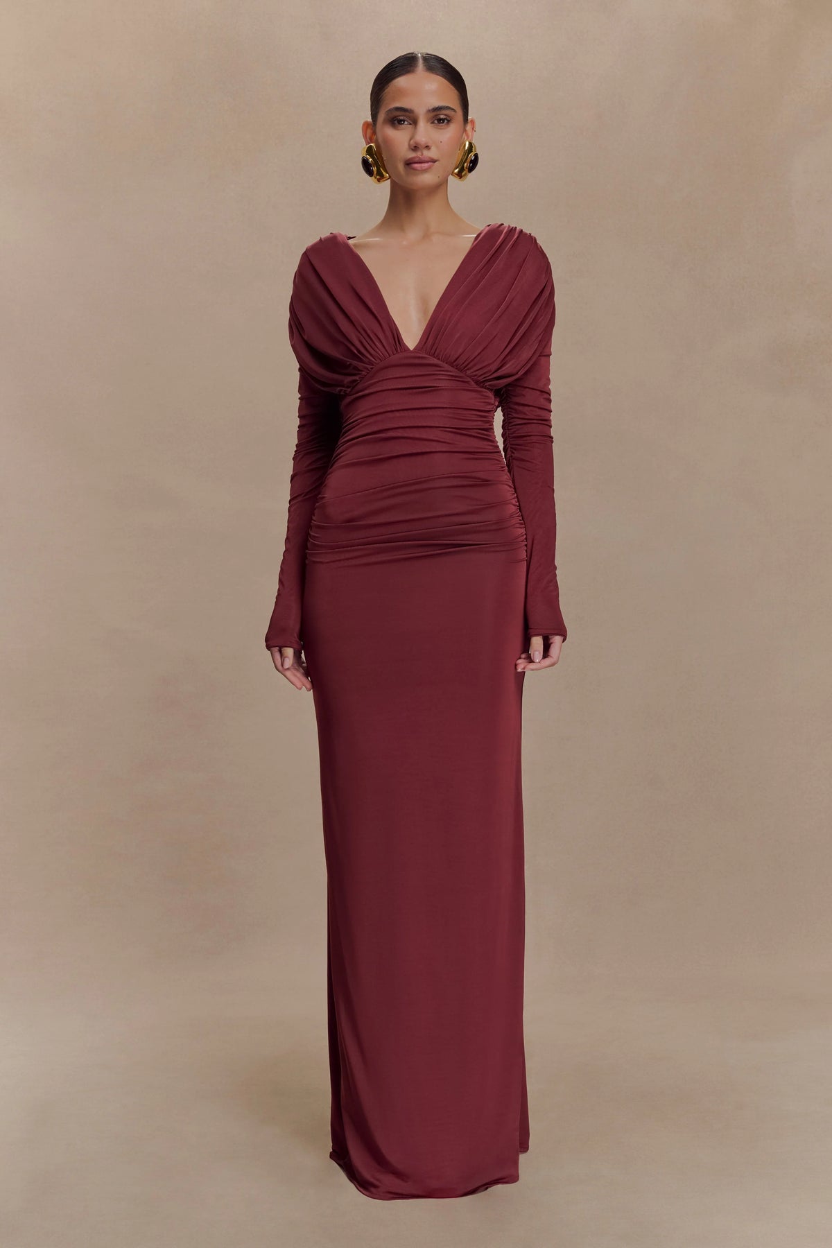 Hayden Long Sleeve Plunge Maxi Dress - Wine