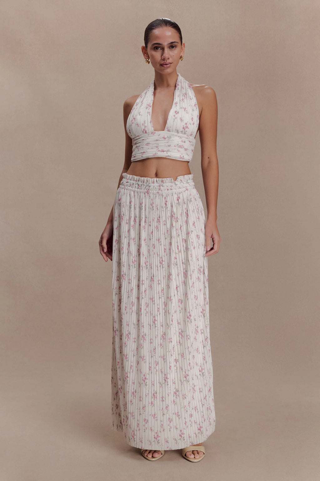 Amaris Sleeveless Plisse Halter Top - Floral Ditsy Print