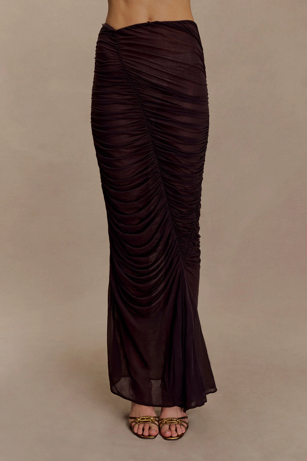 Matilda Ruched Mesh Maxi Skirt - Chocolate