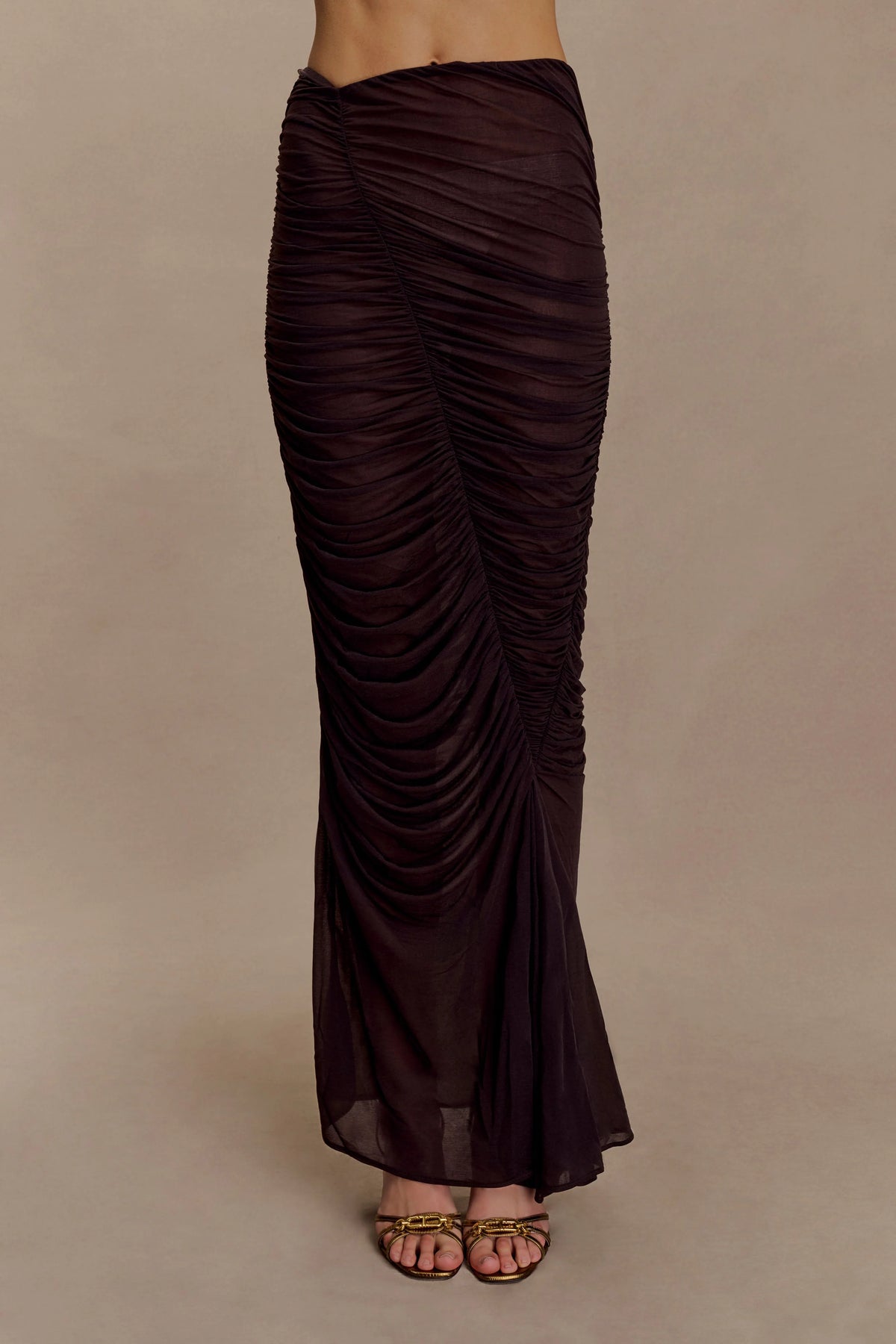 Matilda Ruched Mesh Maxi Skirt - Chocolate