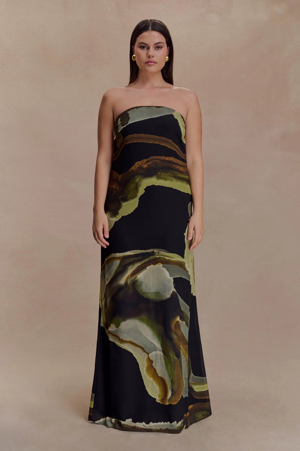 Amaya Strapless Chiffon Maxi Dress - Green Fluid Reverie Print