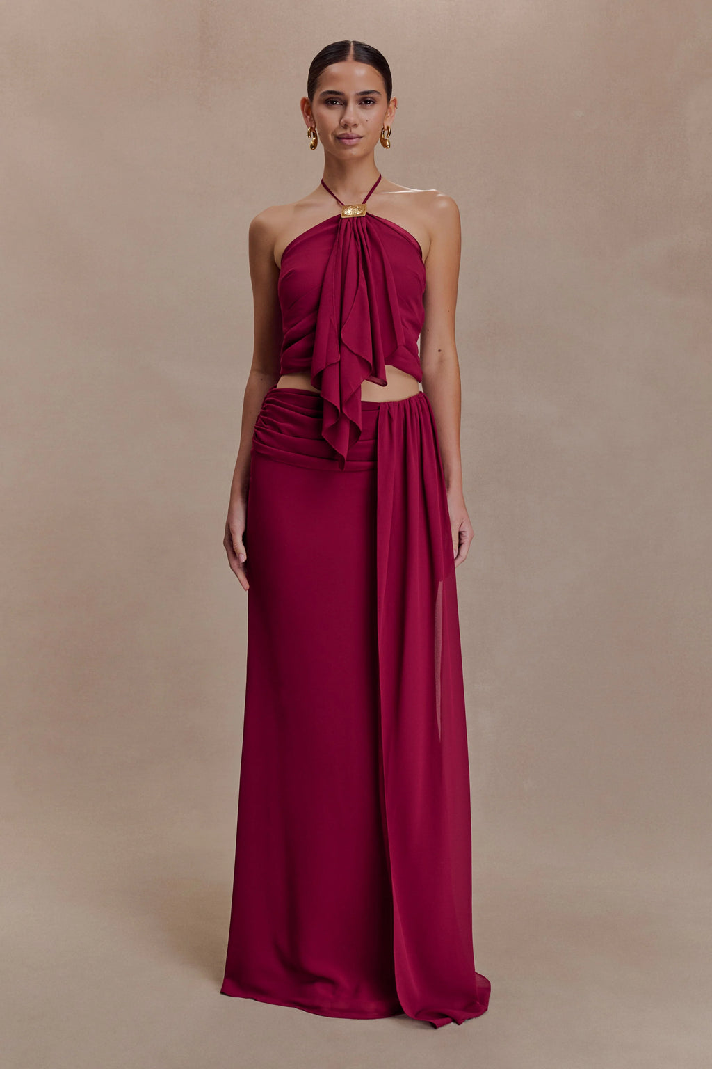 Celina Chiffon Halter Top With Hardware - Cherry Red