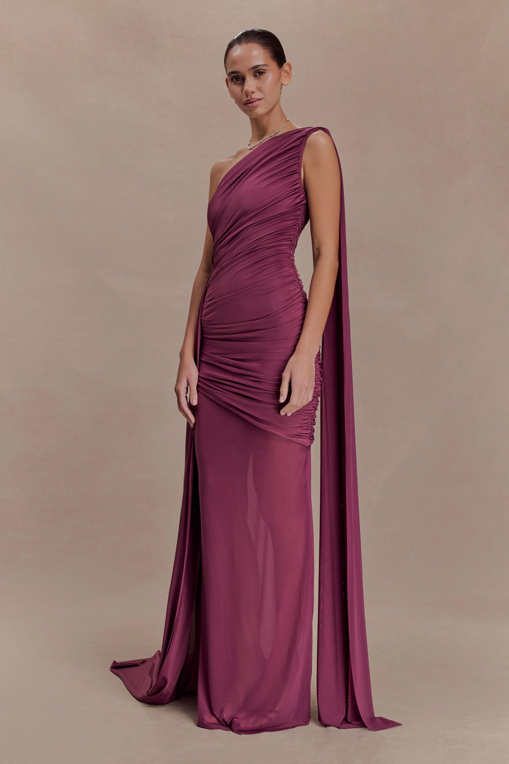 Asher Slinky One Shoulder Maxi Dress - Neutral Plum