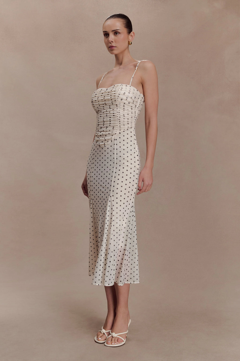 Willa Gathered Mesh Midi Dress - Polka Dot