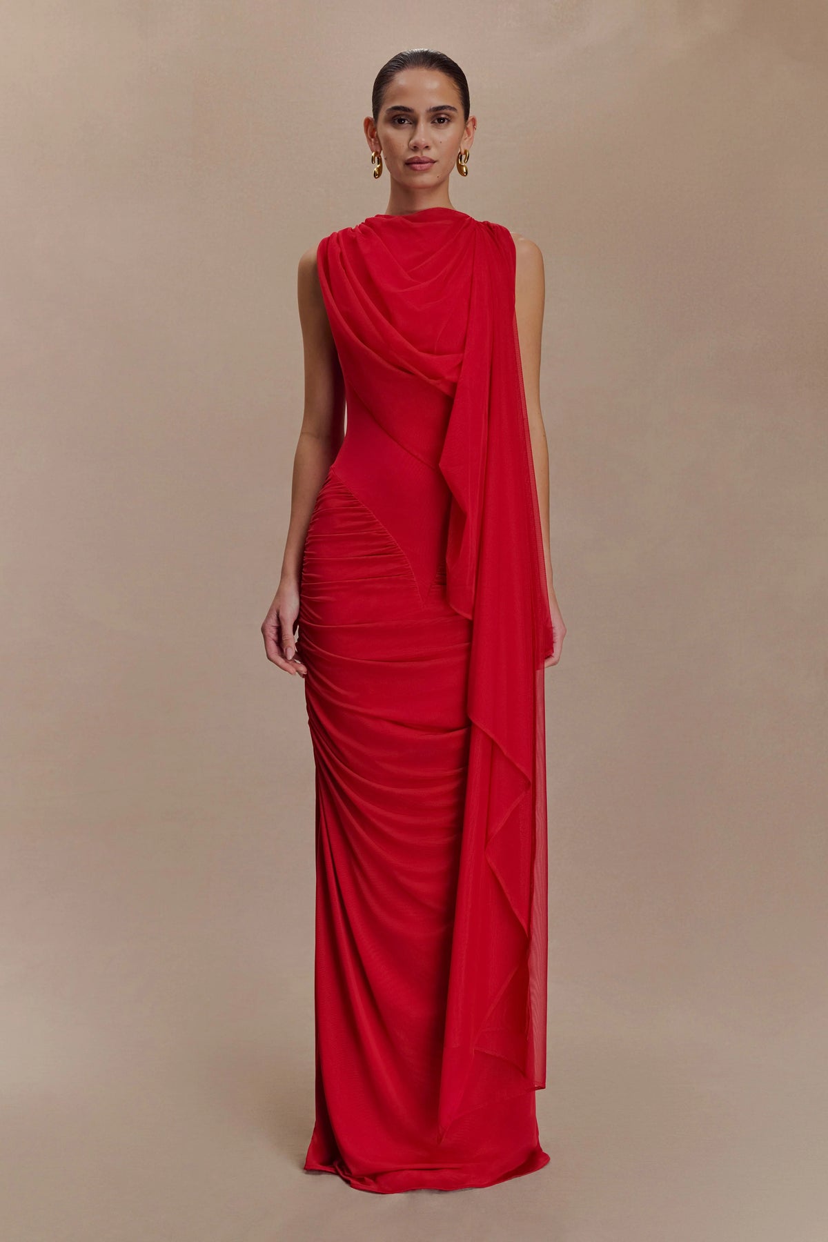 Amandine Ruched Slinky Maxi Dress - Ruby