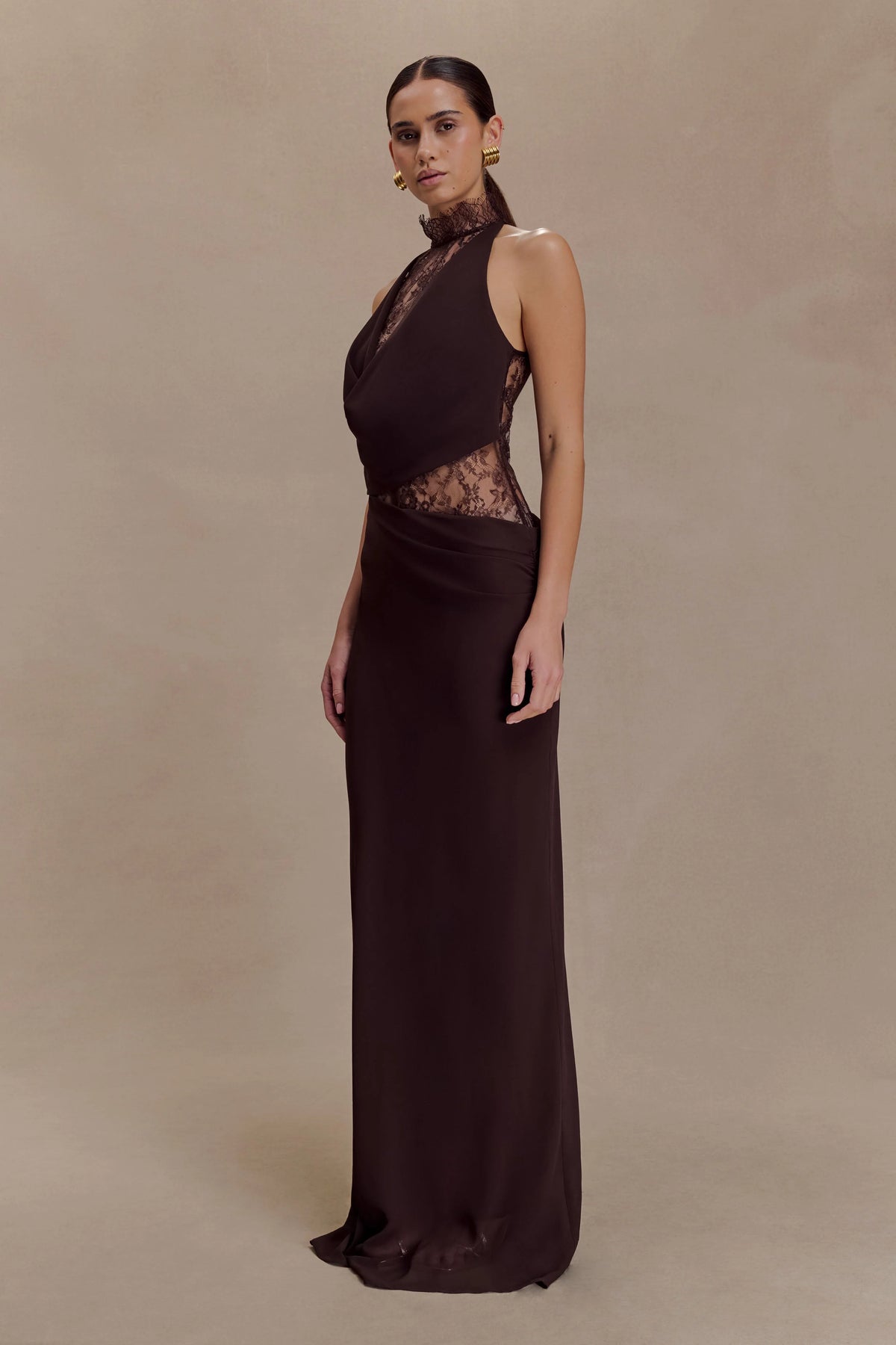 Arra Chiffon And Lace Halter Maxi Dress - Cacao Brown