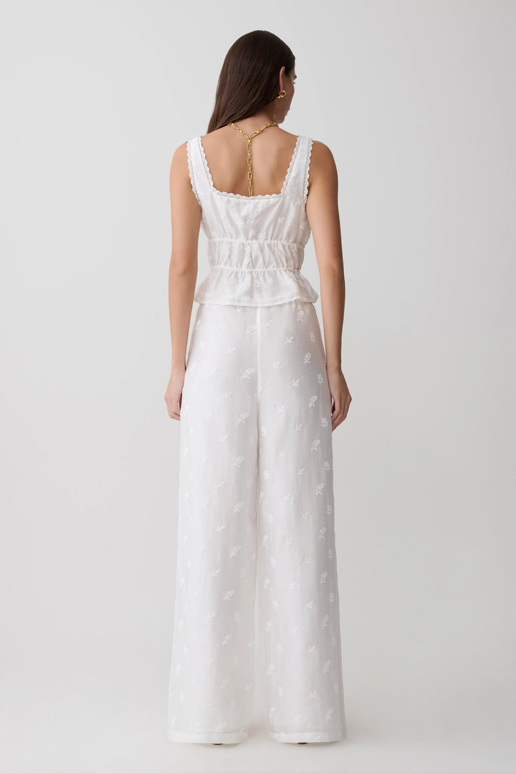 Vivian Tie Waist Embroidered Pant - White