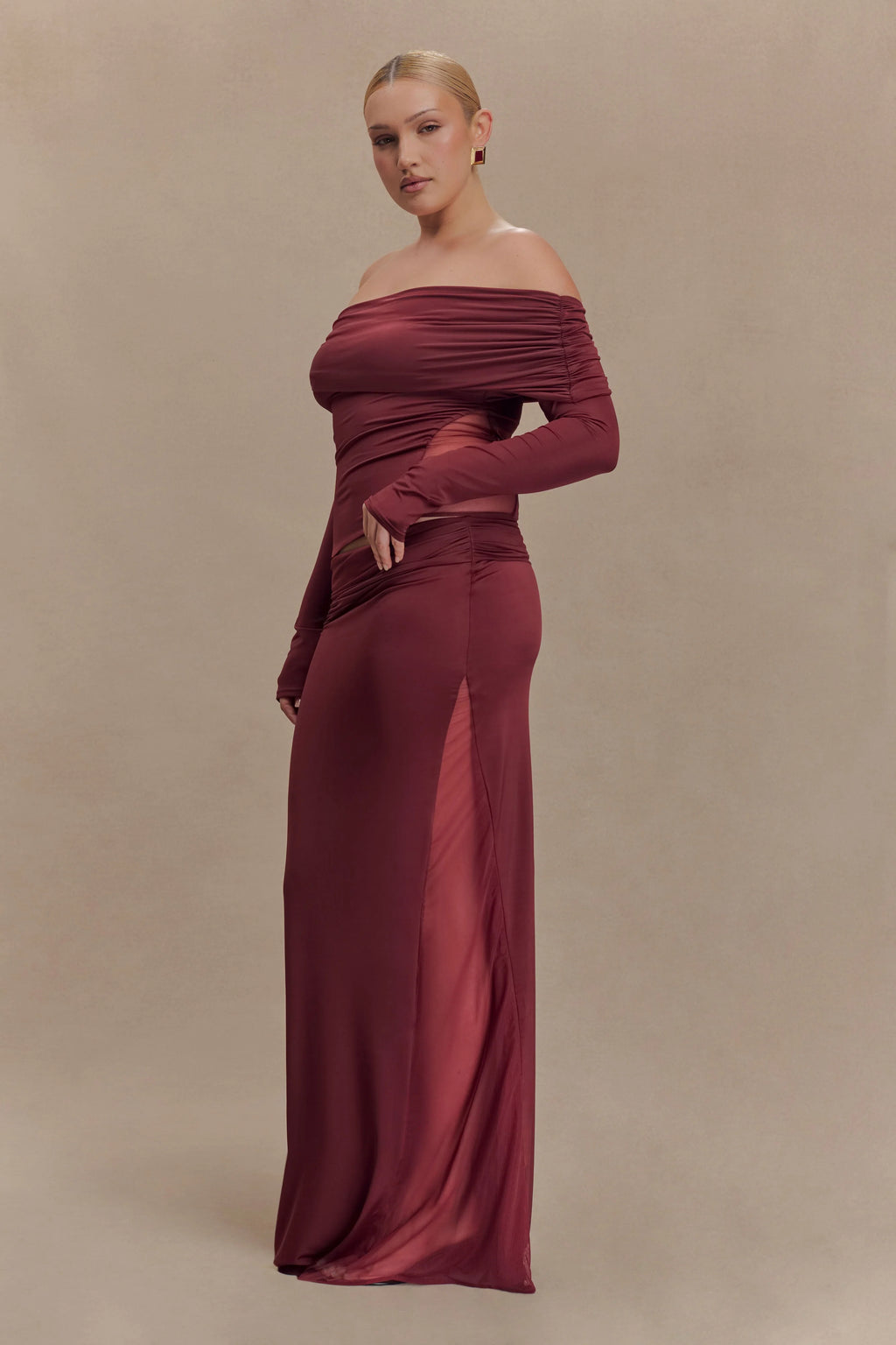 Judy Slinky And Mesh Maxi Skirt - Wine