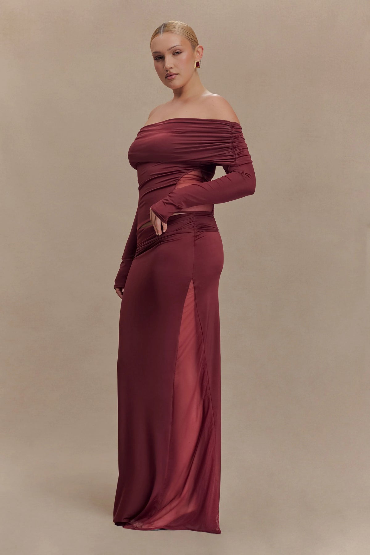 Judy Slinky And Mesh Maxi Skirt - Wine