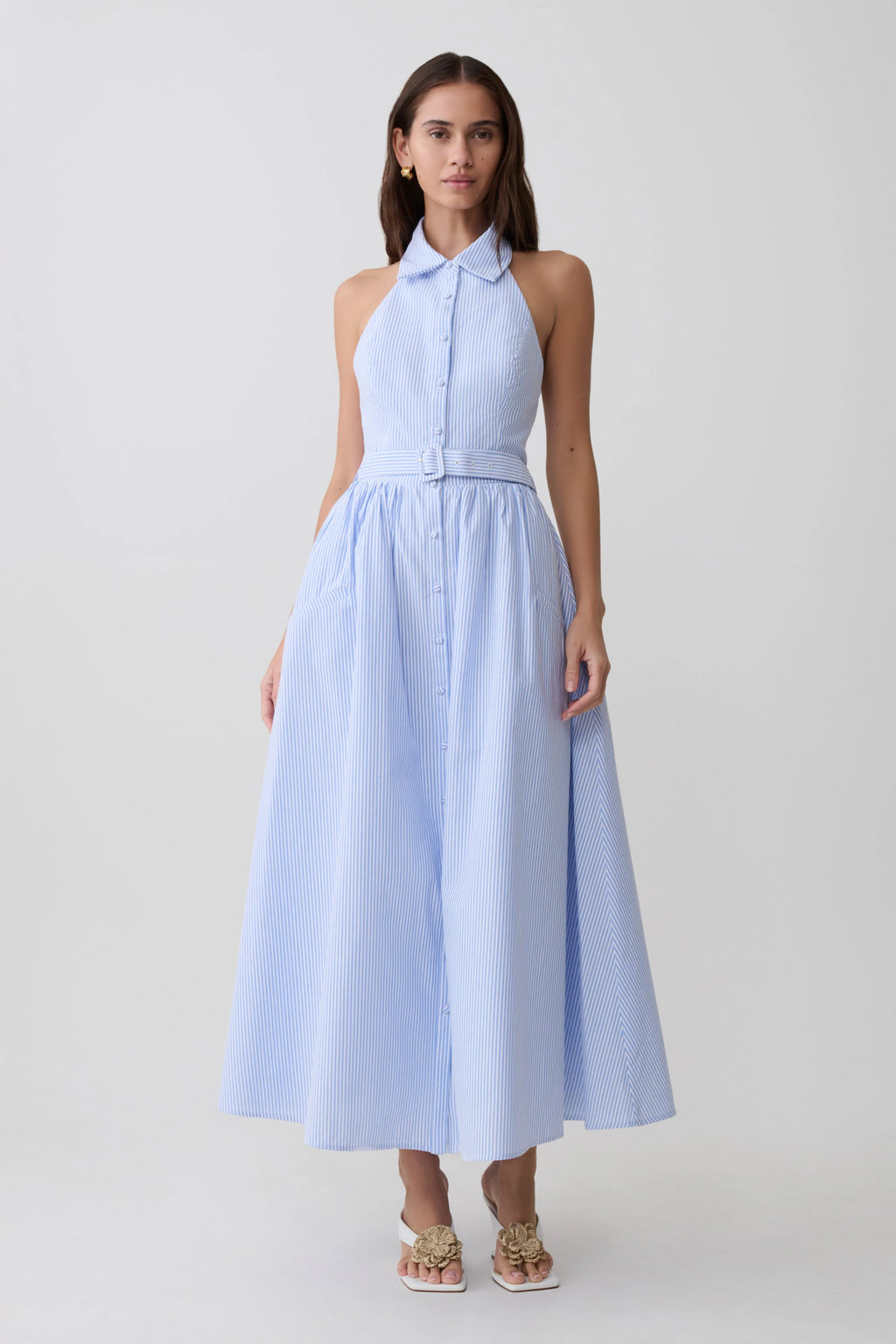 Cindy Collared Midi Dress - Blue Pinstripe