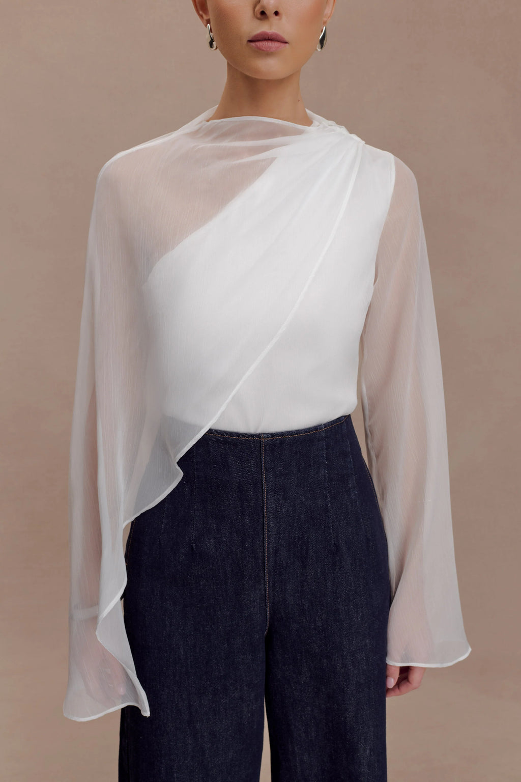 Ida Sheer Asymmetrical Long Sleeve Cape - White