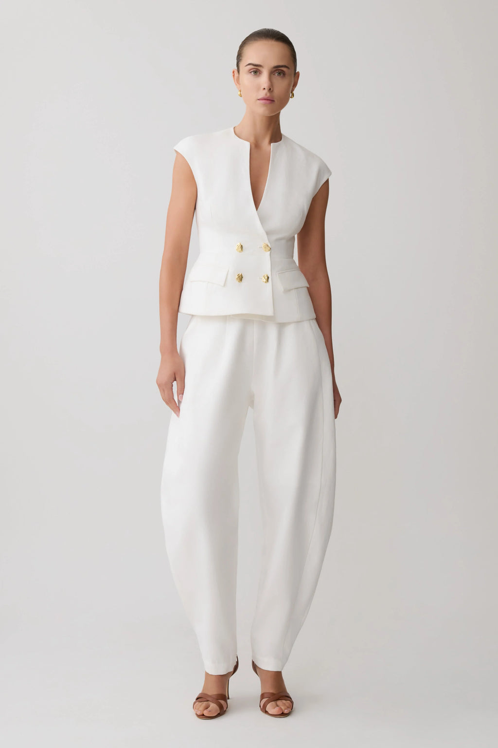 Oriana Linen Button Vest - White