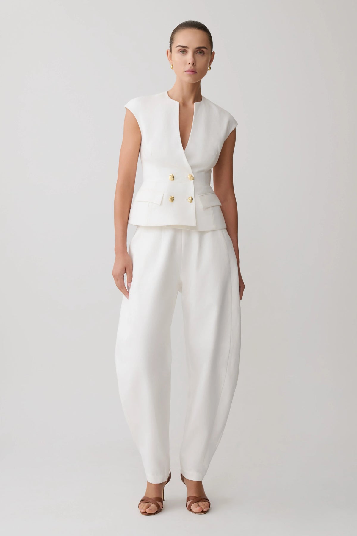 Oriana Linen Button Vest - White