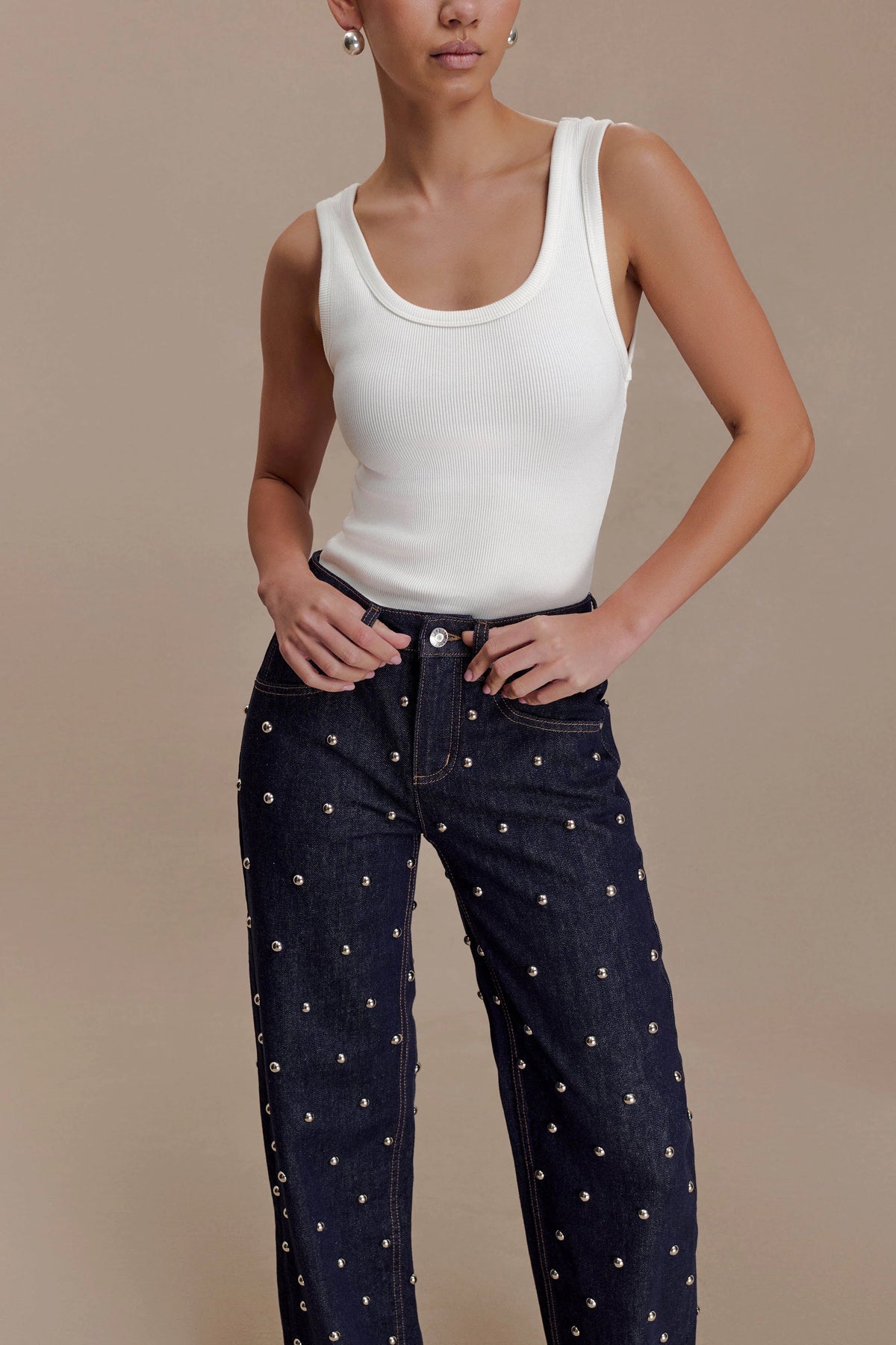 Alima Mid Rise Stud Denim Jeans - Washed Indigo Blue