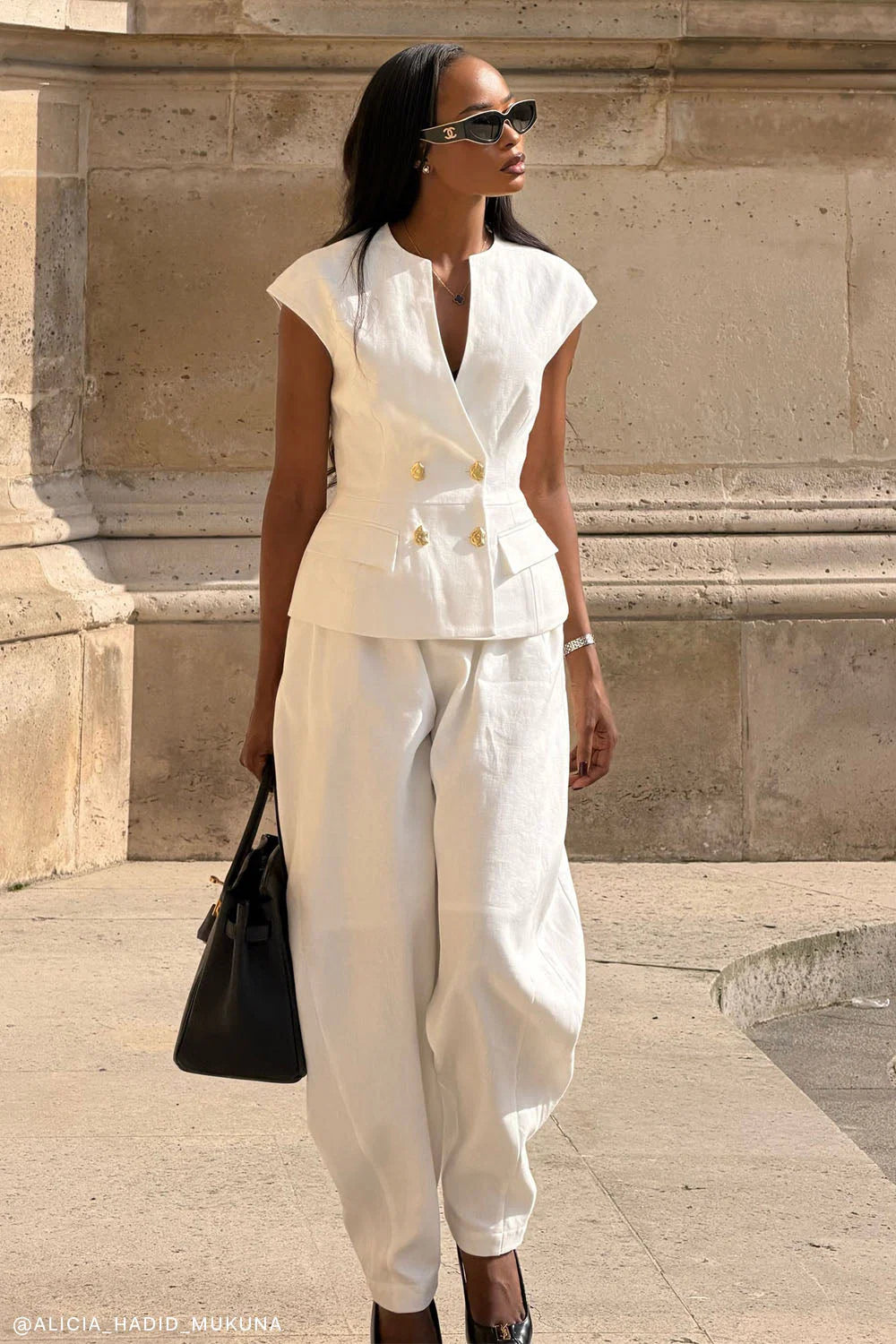 Oriana Linen Button Vest - White
