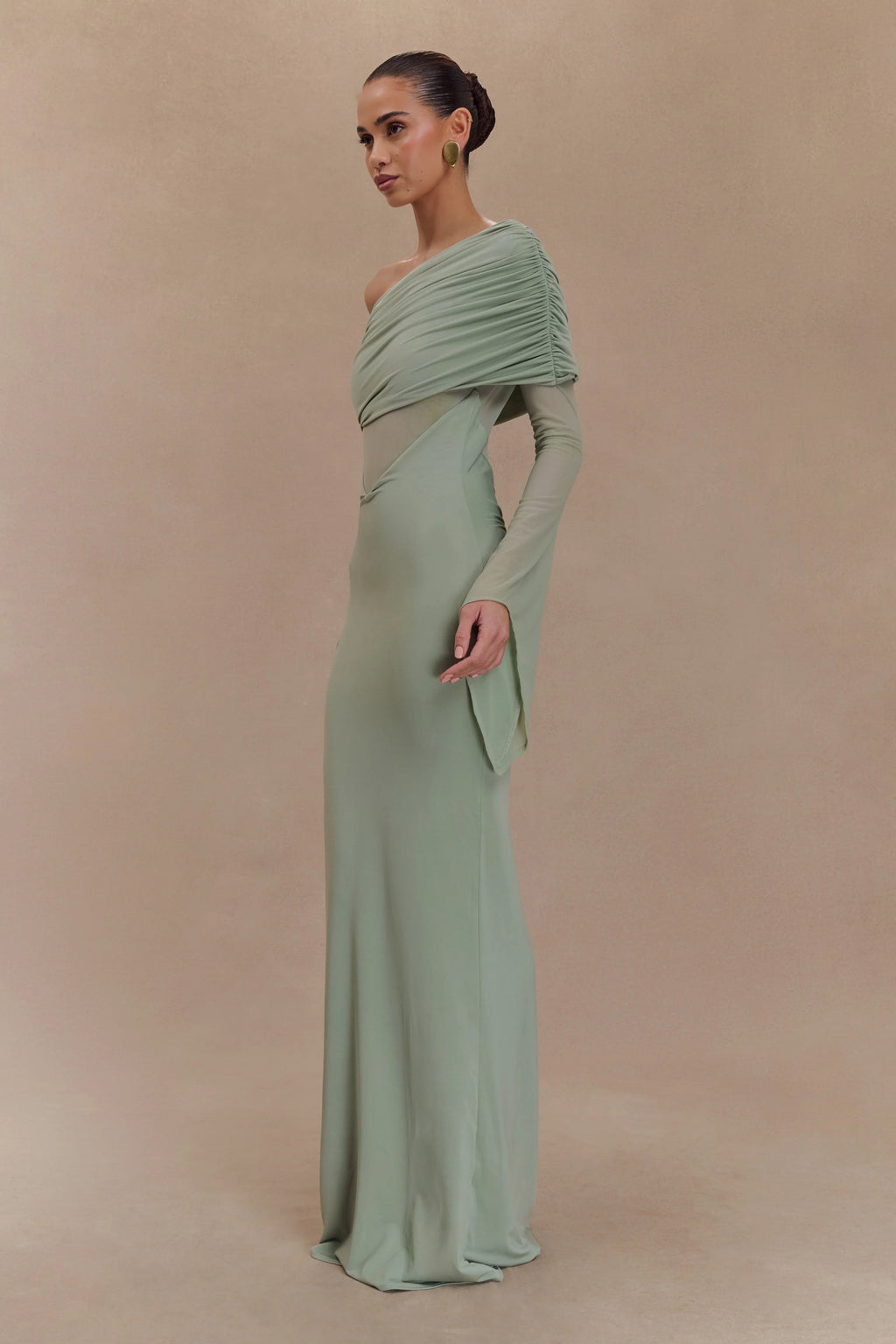 Kaitlin One Shoulder Slinky And Mesh Maxi Dress - Basil
