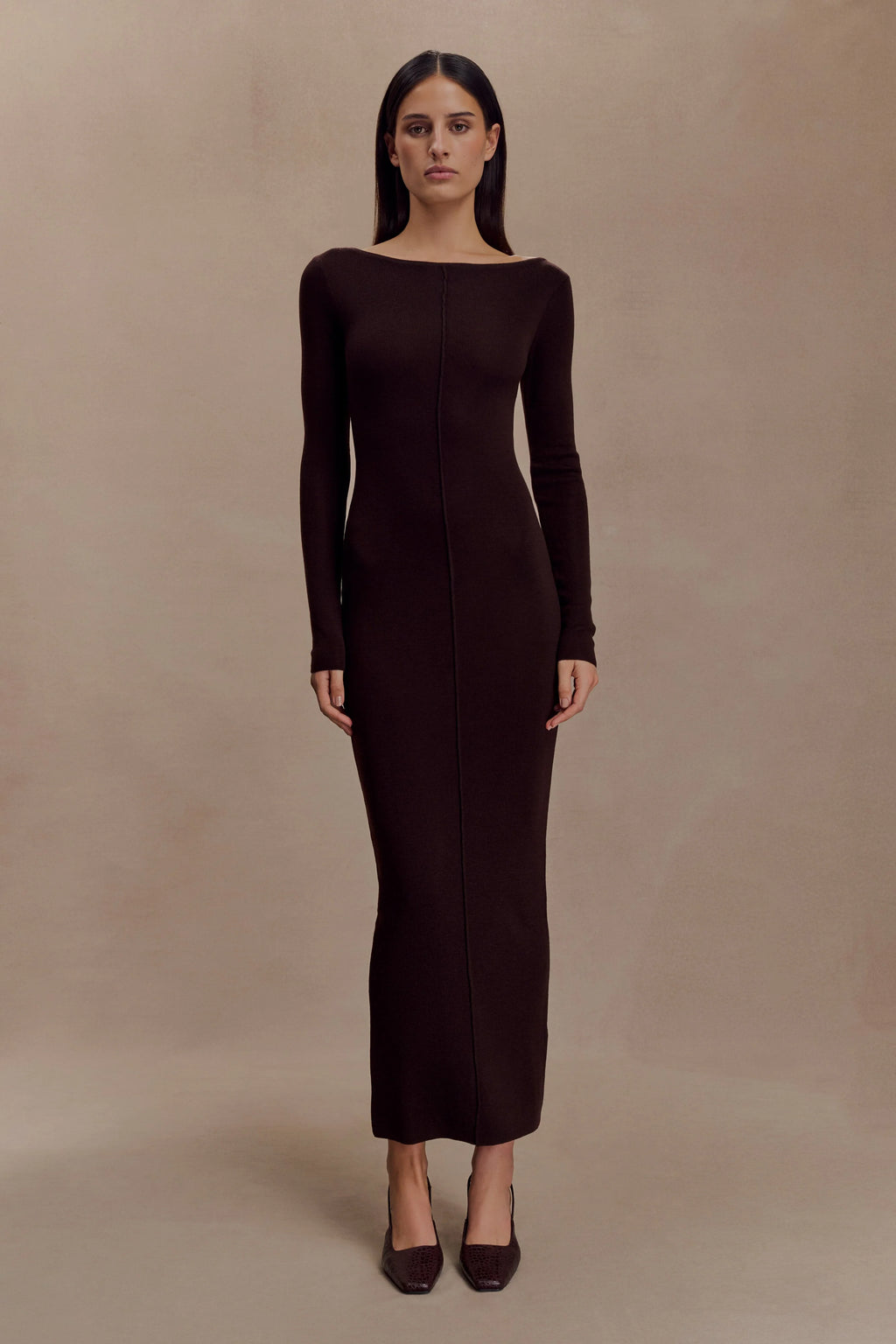 Cleona Merino Wool Ribbed Long Sleeve Maxi Dress - Deep Chocolate