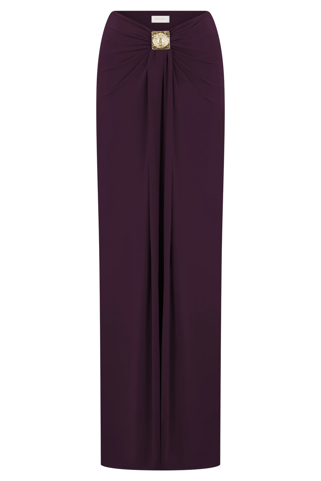Erina Slinky Ruched Maxi Skirt With Hardware - Aubergine