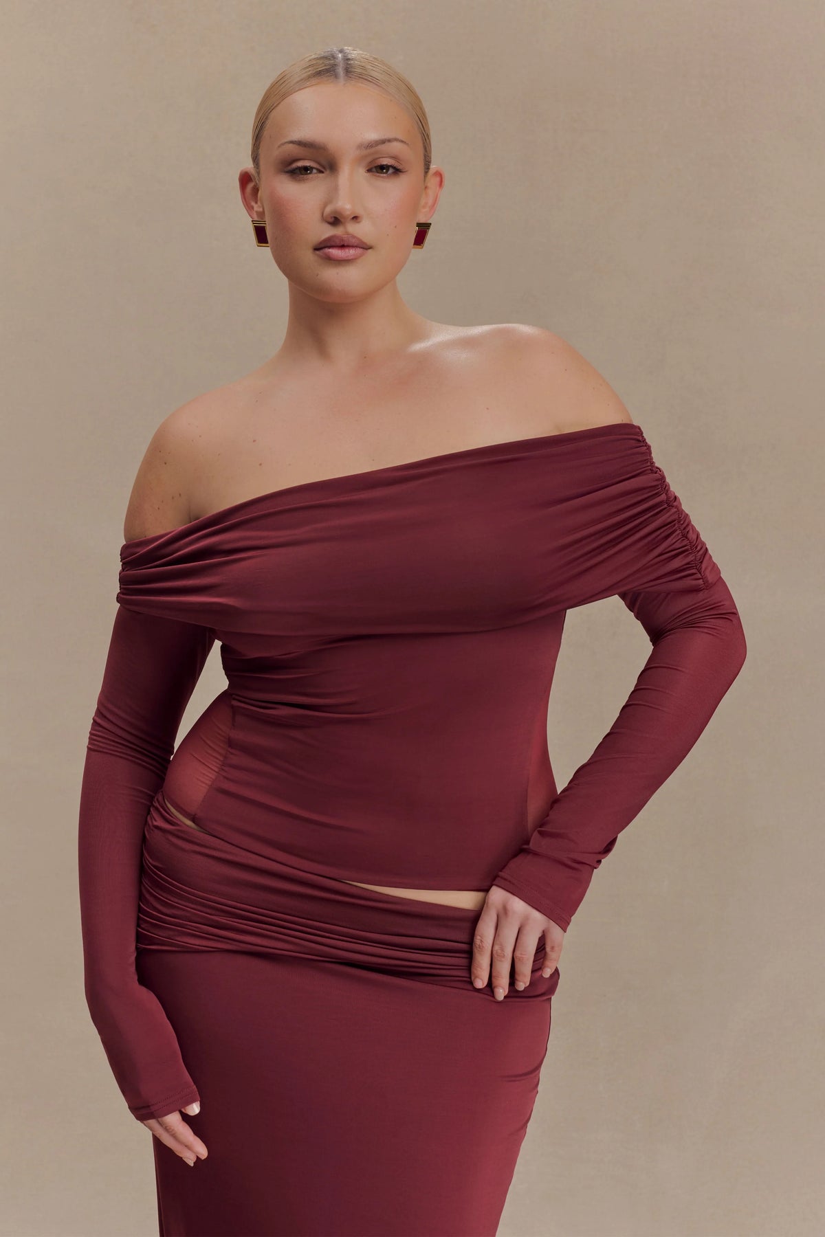 Judy Slinky And Mesh Off Shoulder Top - Wine