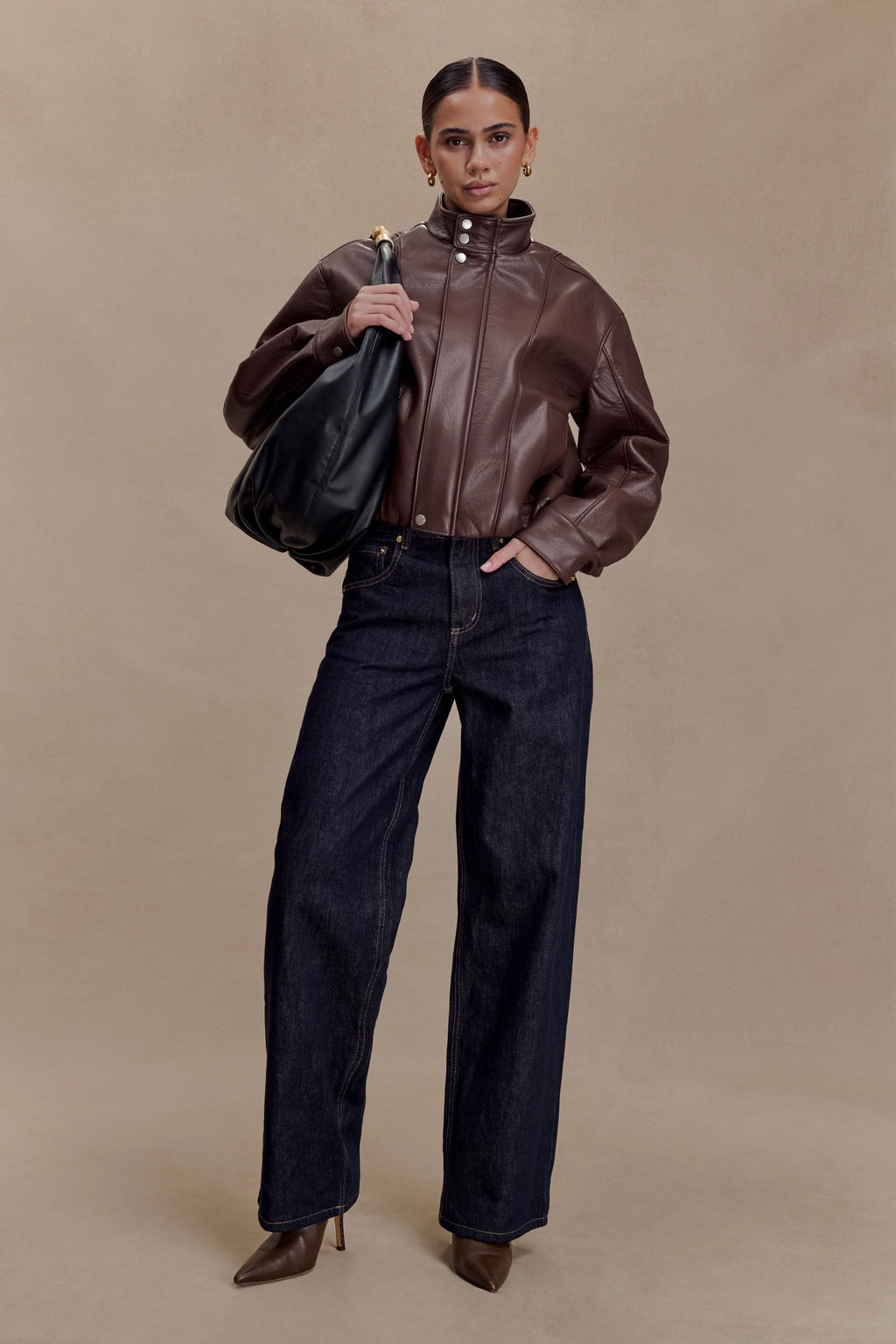 Curtis Faux Leather Bomber Jacket - Dark Chocolate