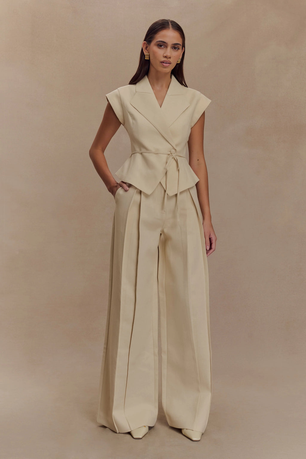 Raya Mid Rise Wide Leg Linen Pant - Natural Beige