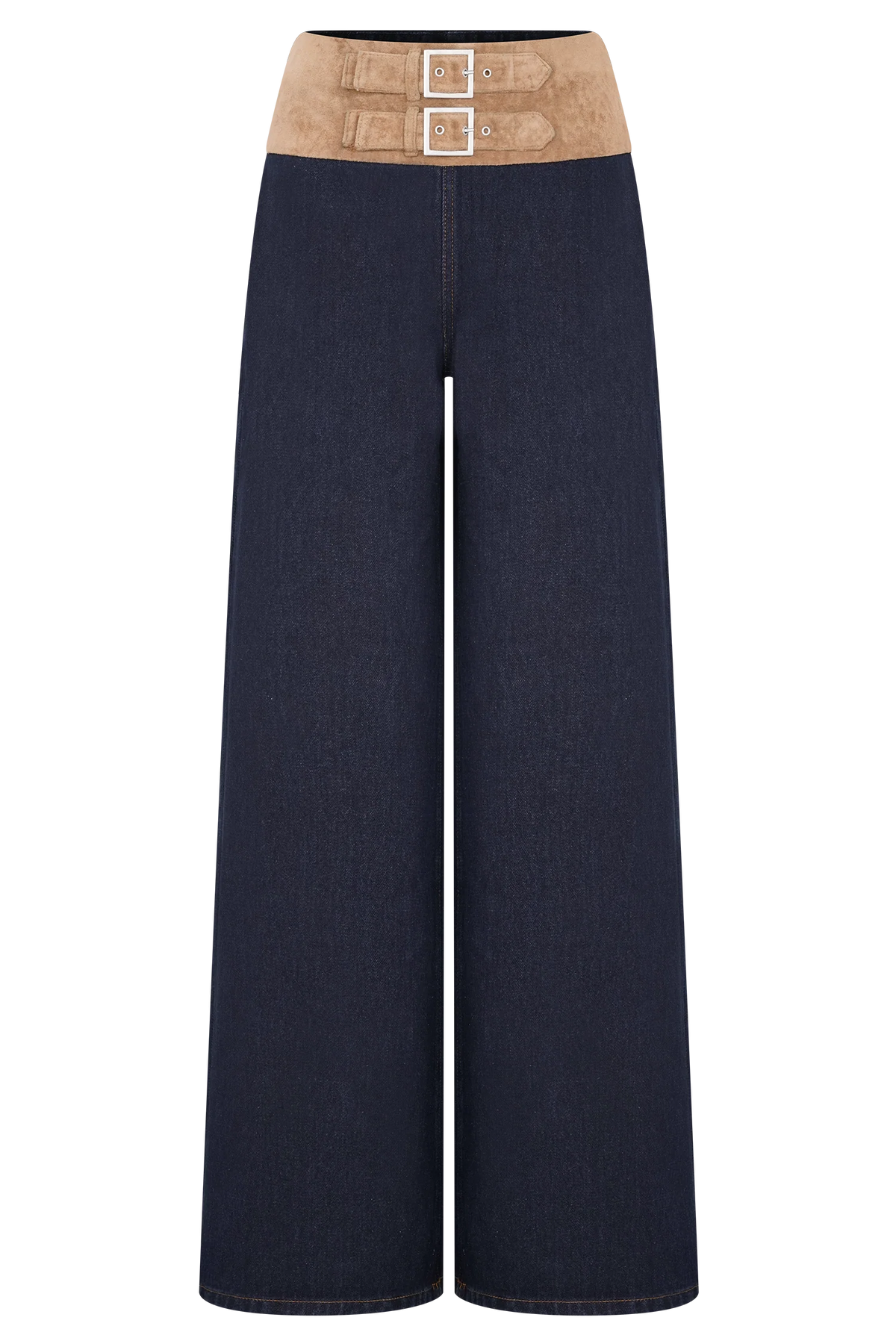 Miranda Faux Suede Belted Denim Wide Leg Jeans - Indigo Blue