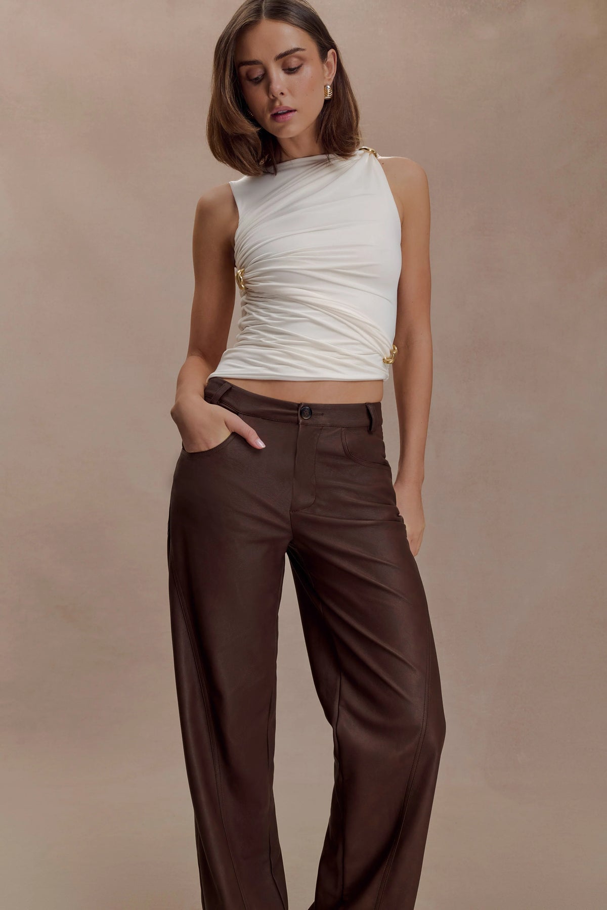Theo Faux Leather Mid Rise Pants - Dark Chocolate